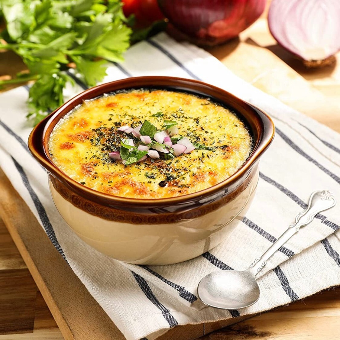 Set of 4 French Onion Soup Crocks 12 oz Brown & Ivory Ceramic Porcelain Bowls