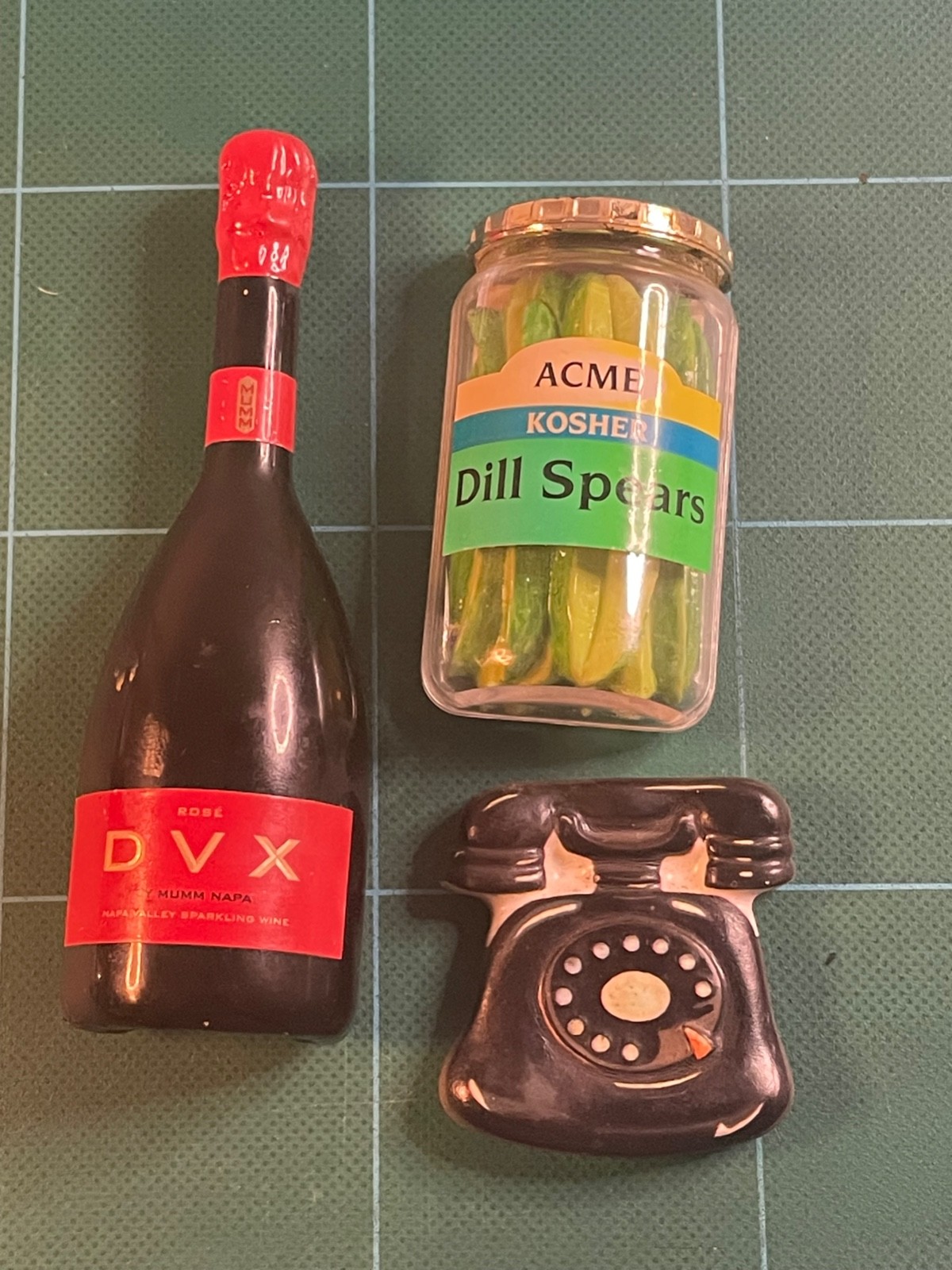 vintage fridge magnets acme dill spears DVX wine and a telephone