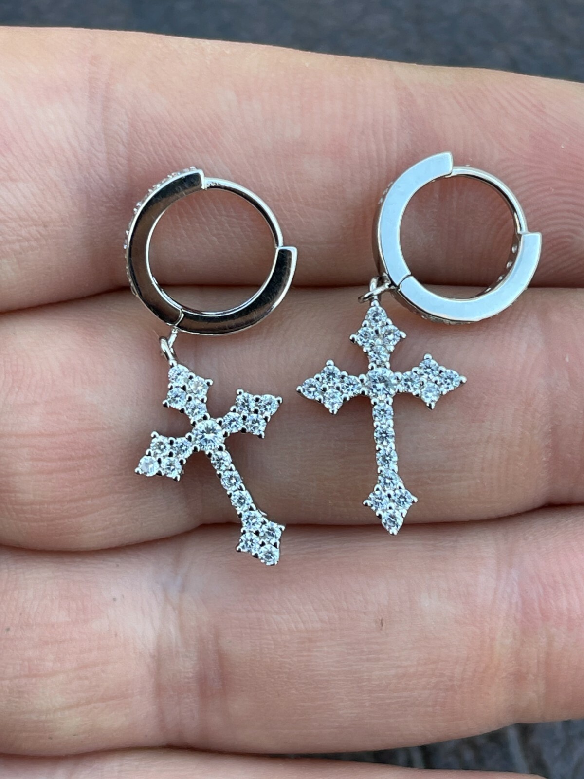 Real 925 Sterling Silver Men's Ladies Dangle Cross Studs Earrings Iced Hip Hop