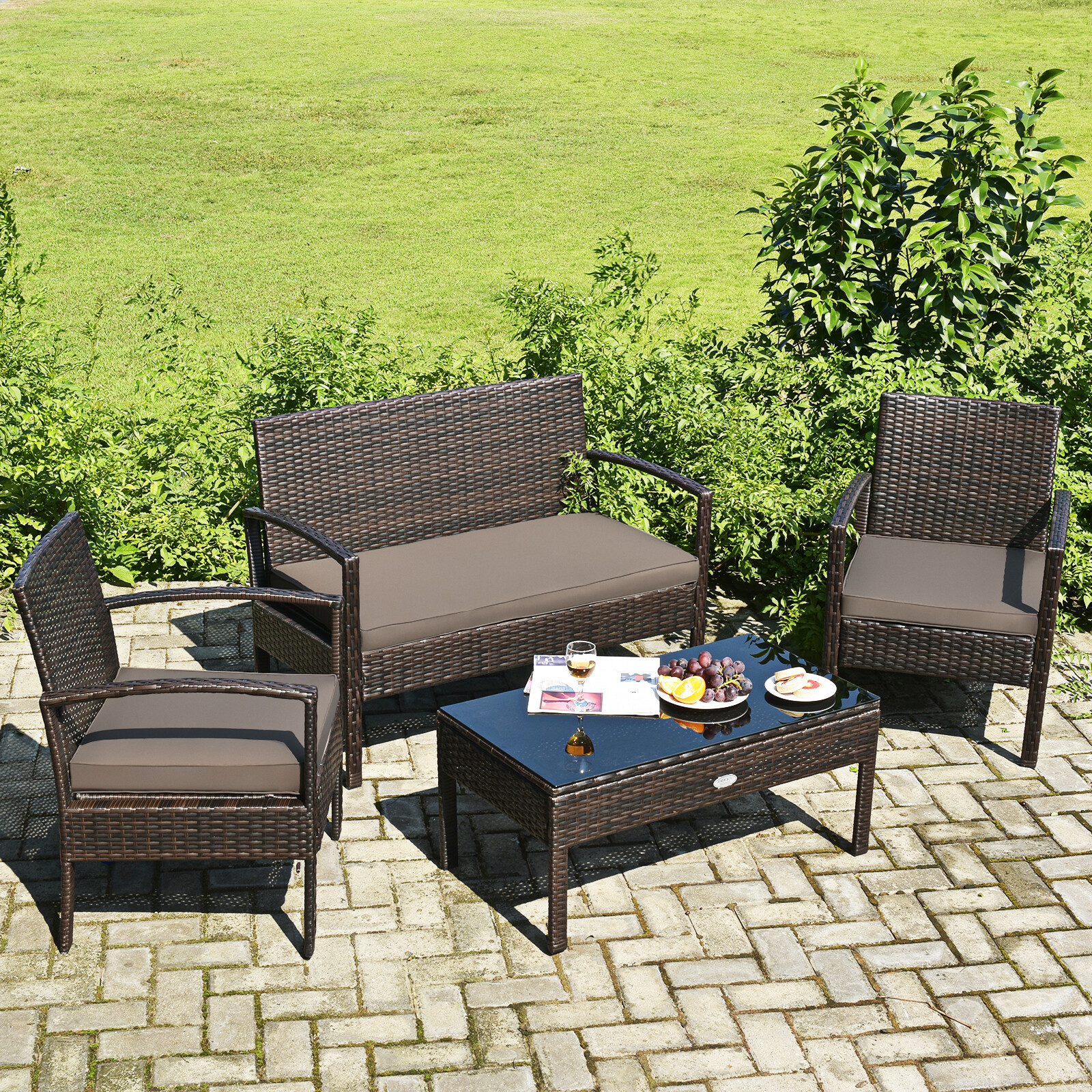 Costway 4PCS Outdoor Patio Rattan Furniture Set Cushioned Sofa Coffee Table Deck