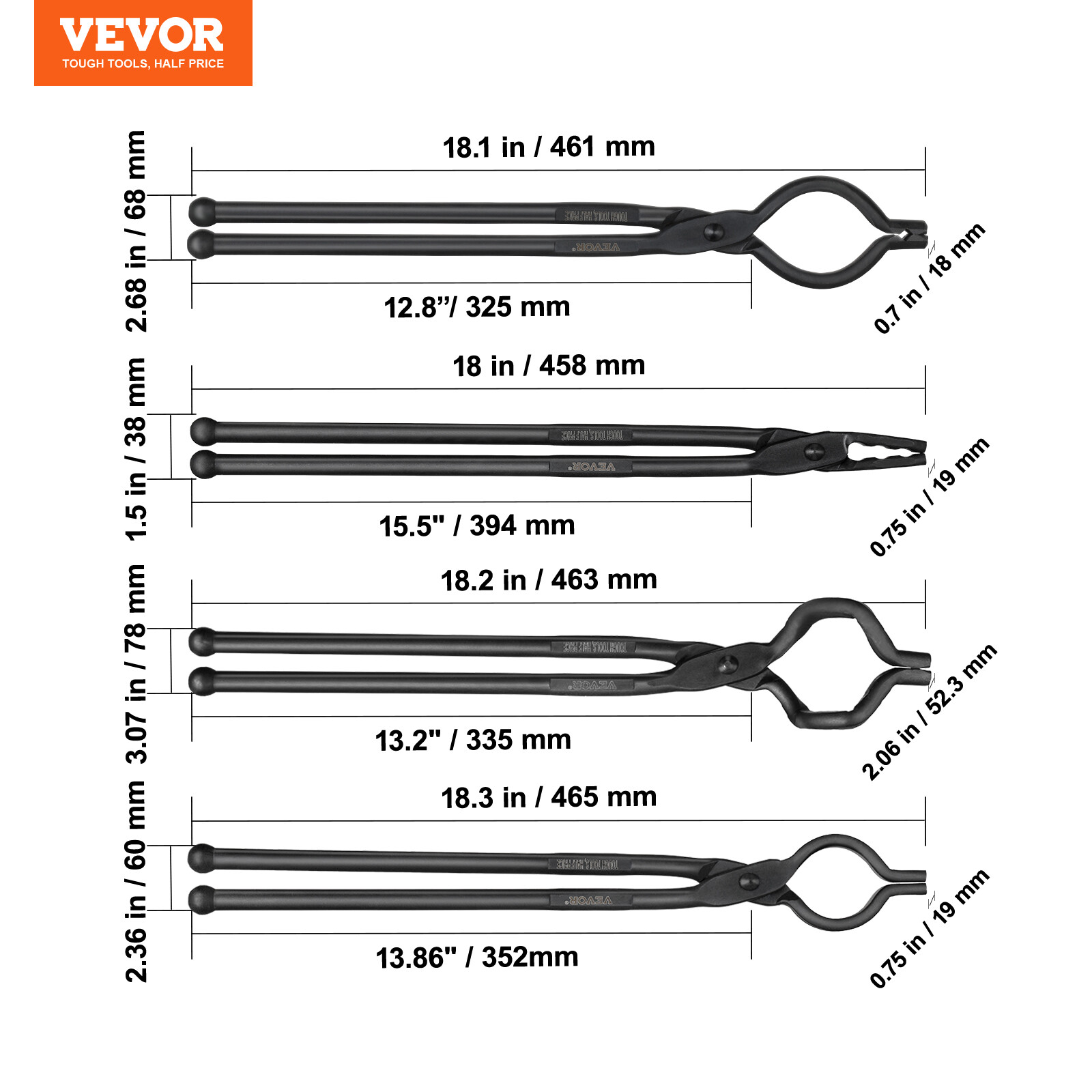 VEVOR Blacksmith Tongs 18” 4 PCS V-Bit Bolt Wolf Jaw Z V-Bit Gripping Tongs