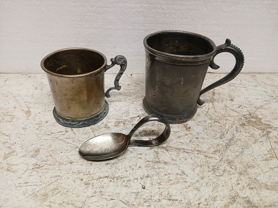 Collection of Vintage Silver Plated Nursery Baby Cups and Spoon Set of 2