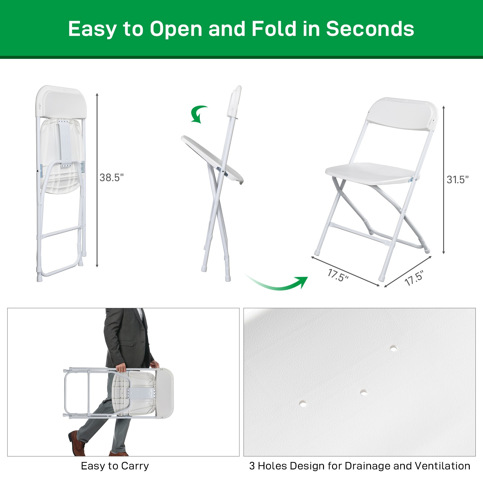 Commercial White Plastic Folding Chairs Stackable Picnic Party ( Set of 10)
