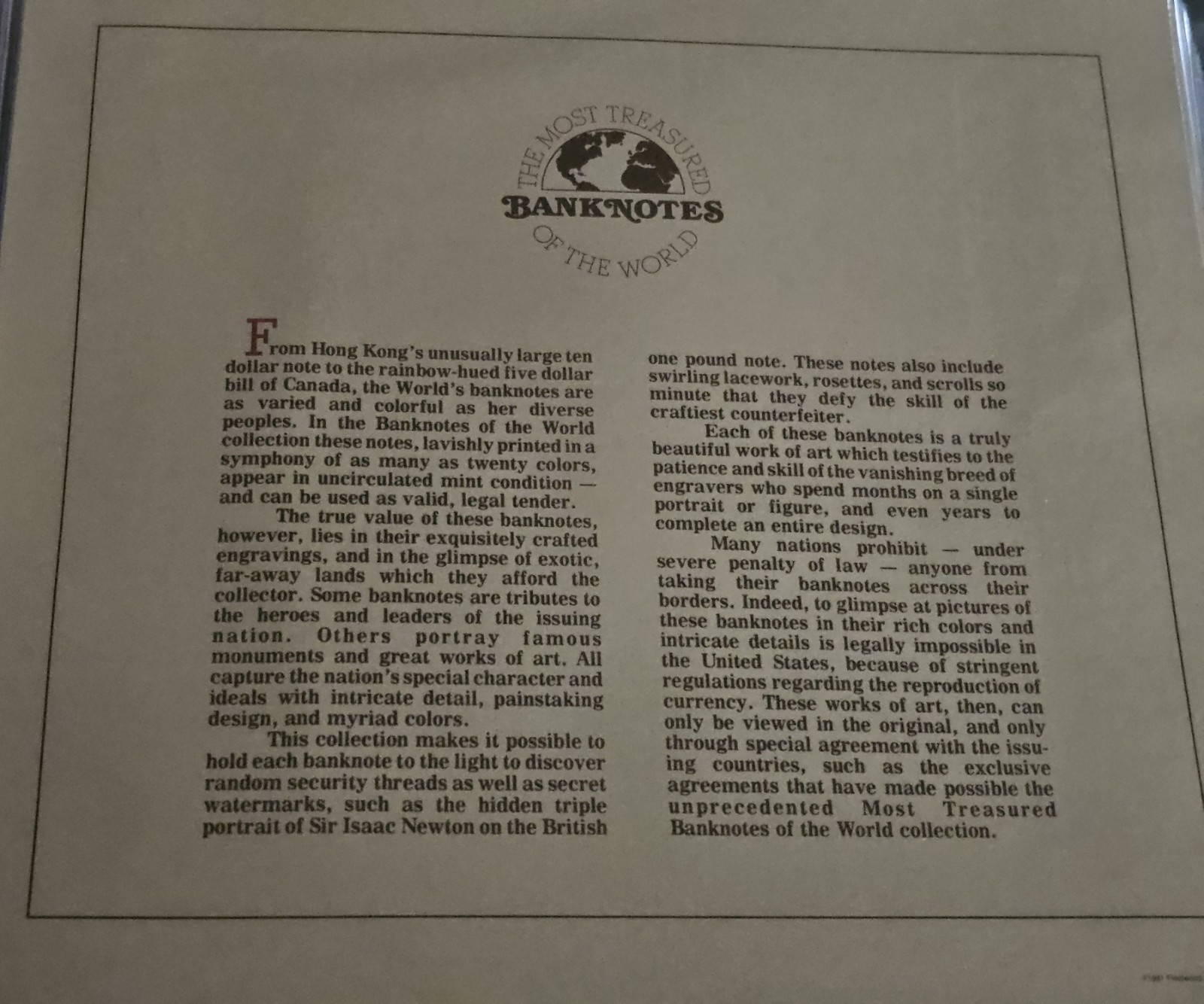 Most Treasured Banknotes of the World album of 50 Notes - All CU