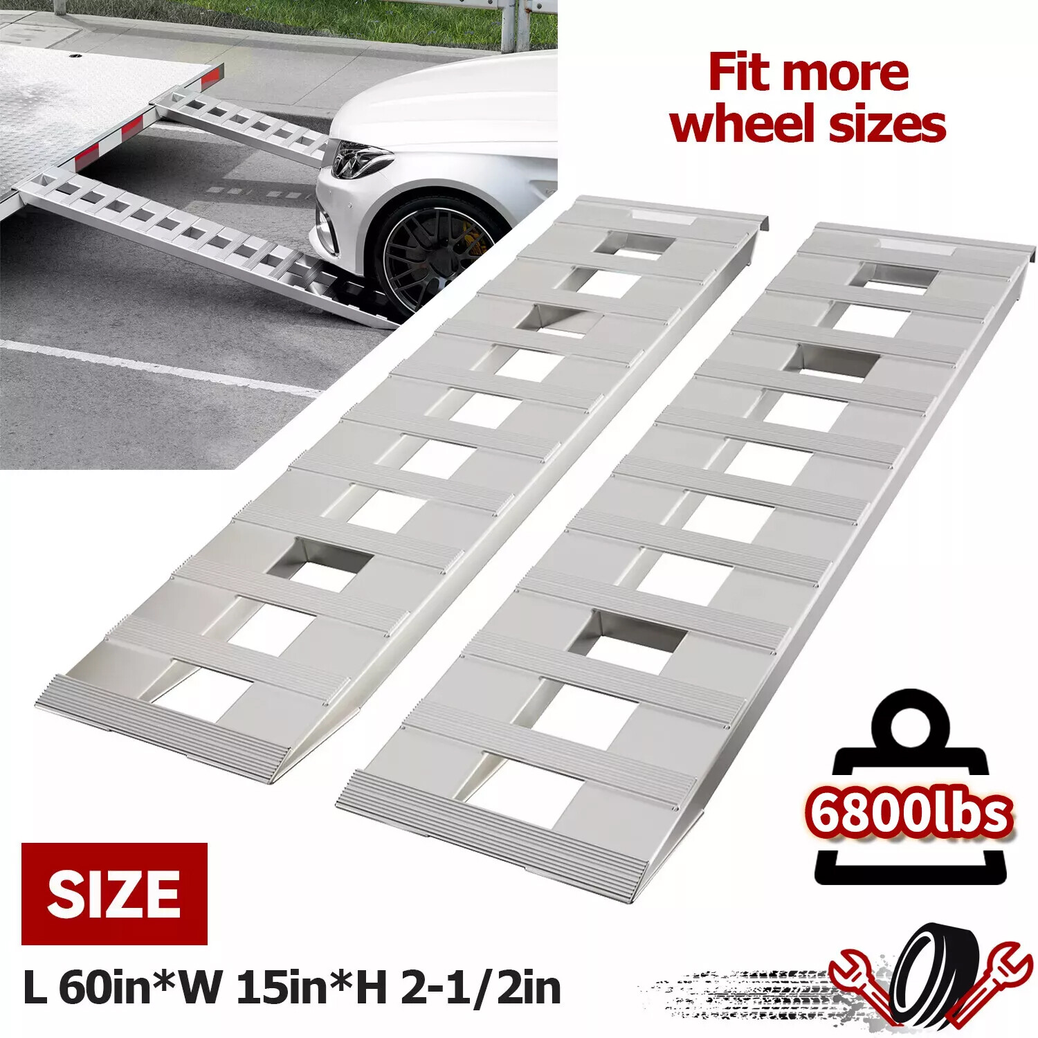 Pair Aluminum 6800LBS Hook End Ramps For Truck Car Auto Trailer 60''X15''