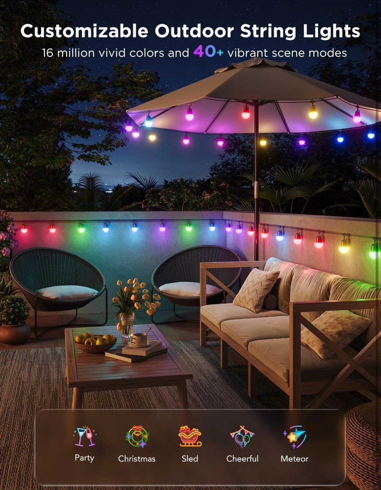 Govee Smart Outdoor String Lights 2, 144ft RGBIC Outdoor Lights with Dimmable
