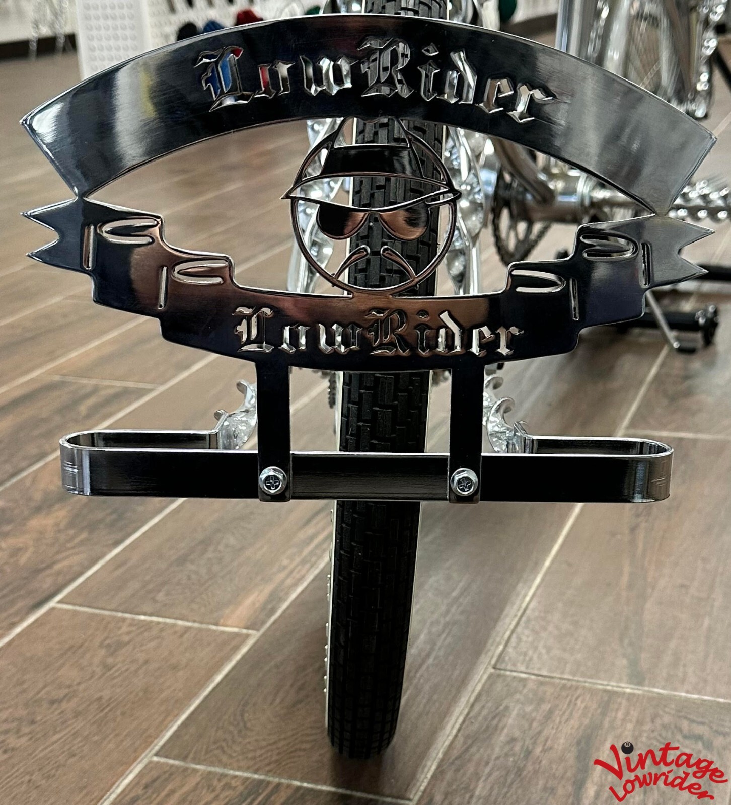 VINTAGE LOWIDER CUSTOM STEEL PLAQUE W/ LOWRIDER LETTER AND HEAD, SHOW PARTS.