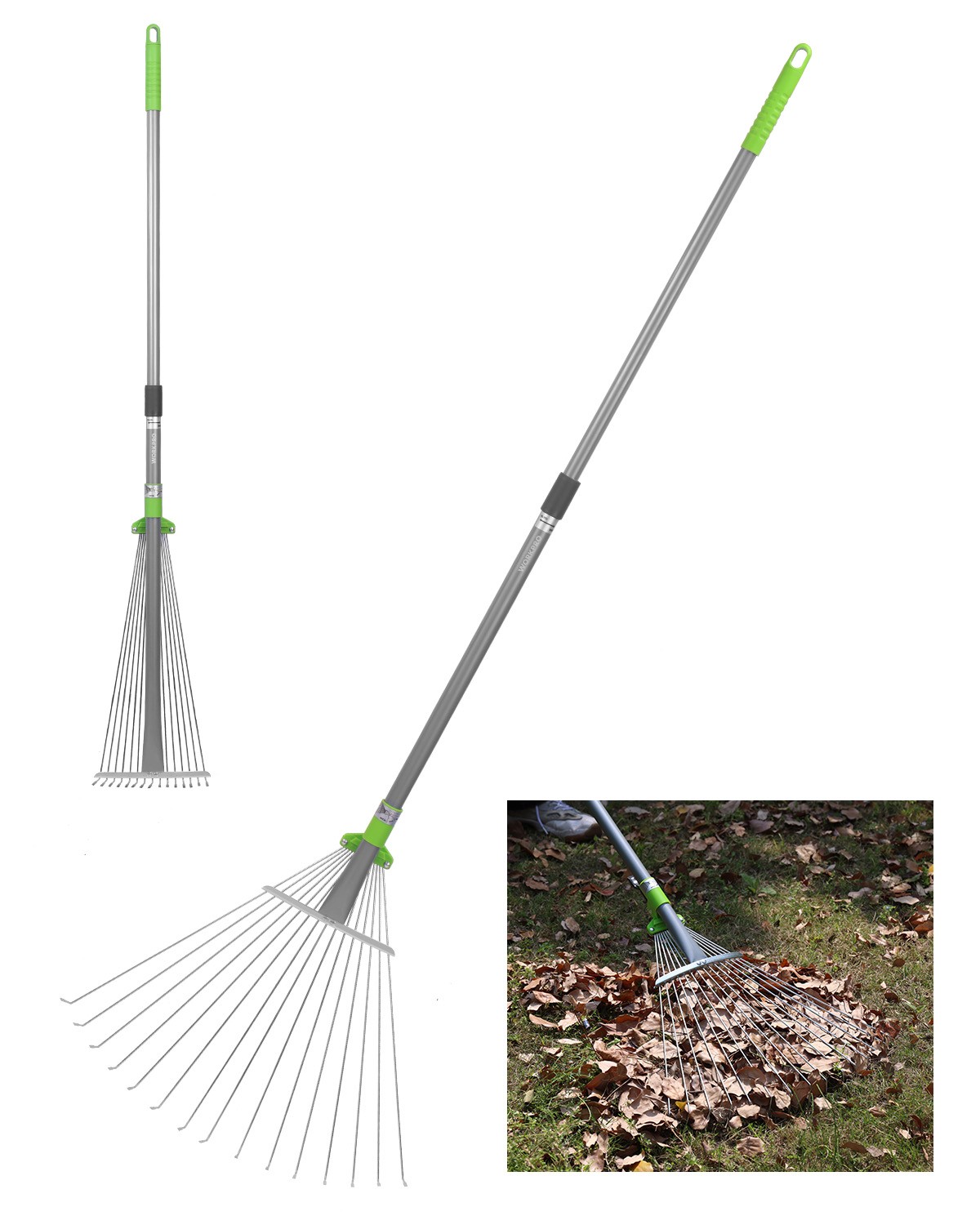 WORKPRO Adjustable Metal Garden Rake Collapsible & Telescopic Long Handle 32-63"