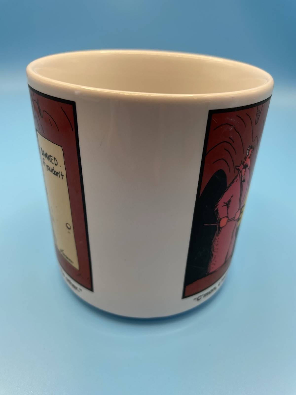 Far Side Gallery “Damned If You Do” Coffee Mug Gary Larson 1985 EUC