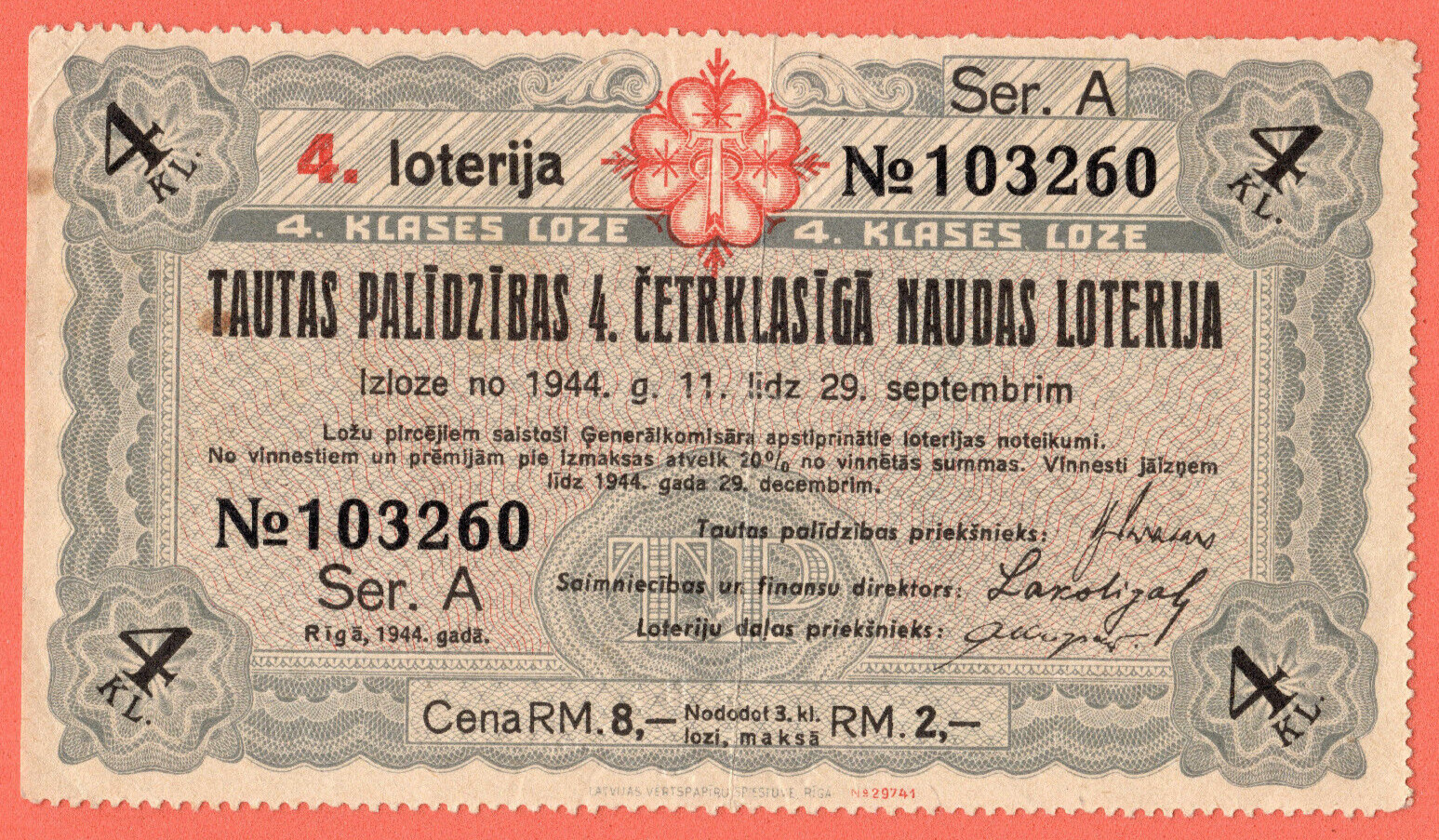 LATVIA LGERMANY LOTTERY TICKET RED CROSS 8 RM. 1944 UK 5119