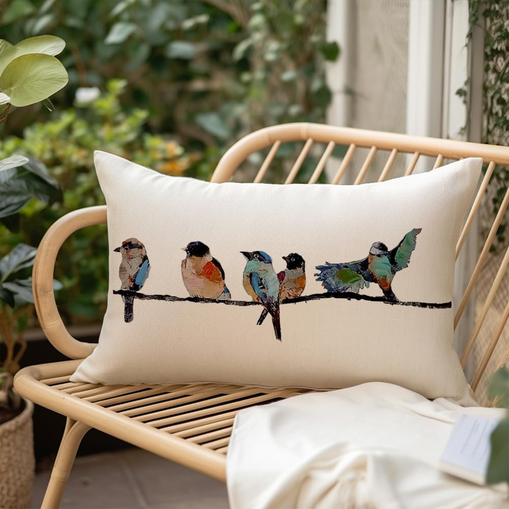 12x20 Lumbar Pillow Decorative Throw Pillows,Small Hand-Painted Outdoor Birds Pi