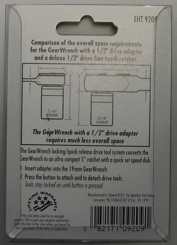 GearWrench 9209 Wrench Drive Adapter 1/2" Drive Square With Speed Wheel