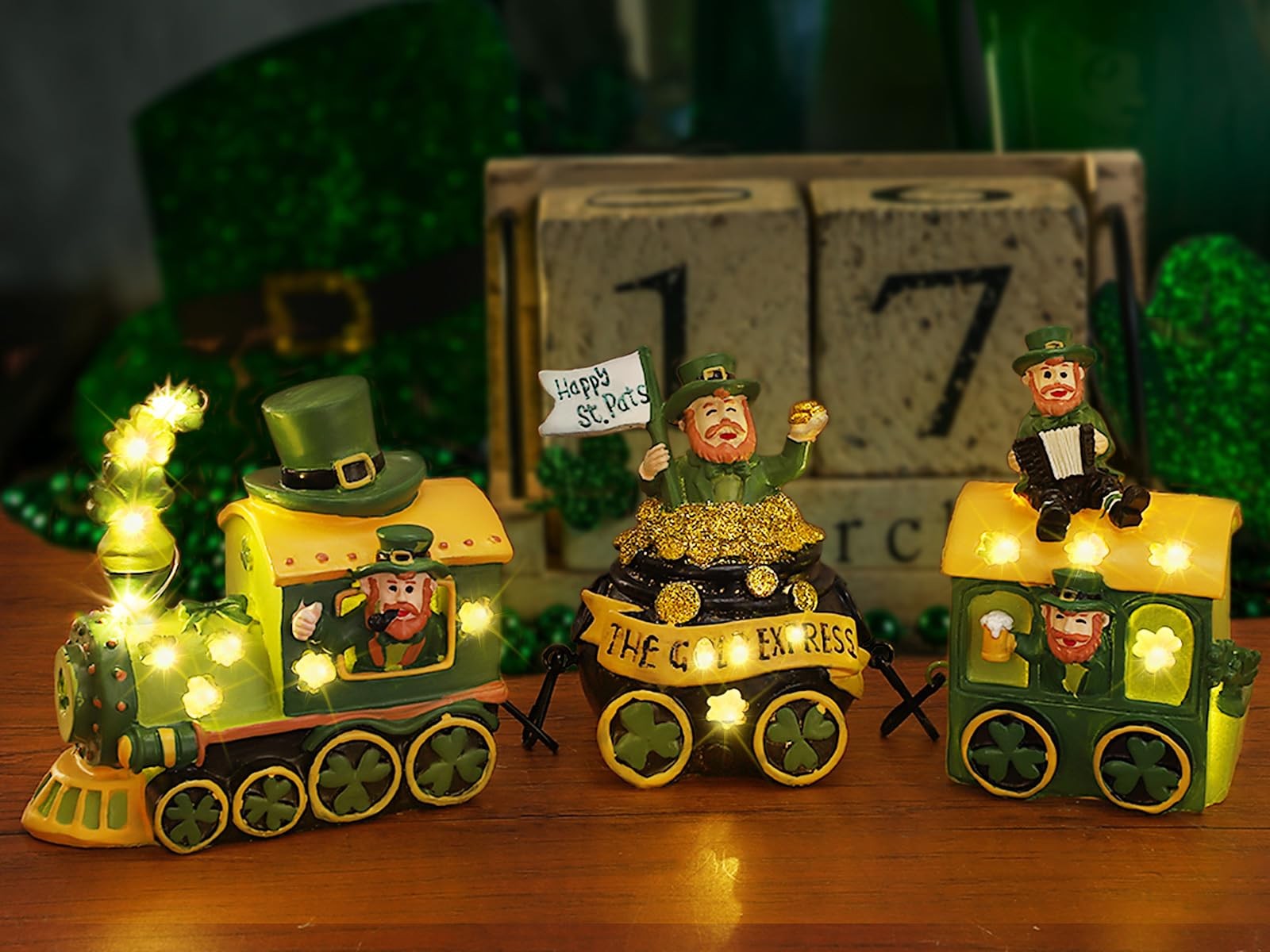 St Patricks Day Decorations Train for Home, Lighted Leprechaun Figurine Train...