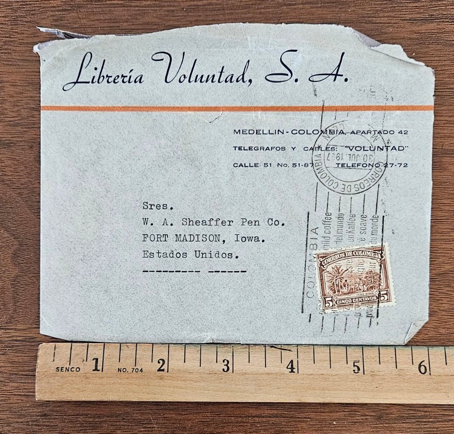 1937 Colombia to USA Envelope 5c Libreria Voluntad slogan cxl to Ft. Madison, IA