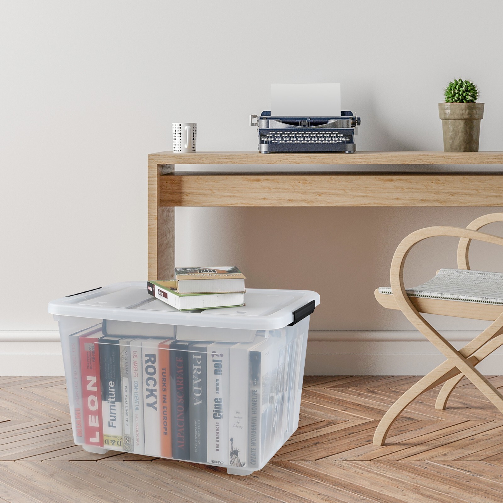 70 Quart Plastic Storage Box, Stackable Latching Bin with Lid & Wheels, 4-Packs