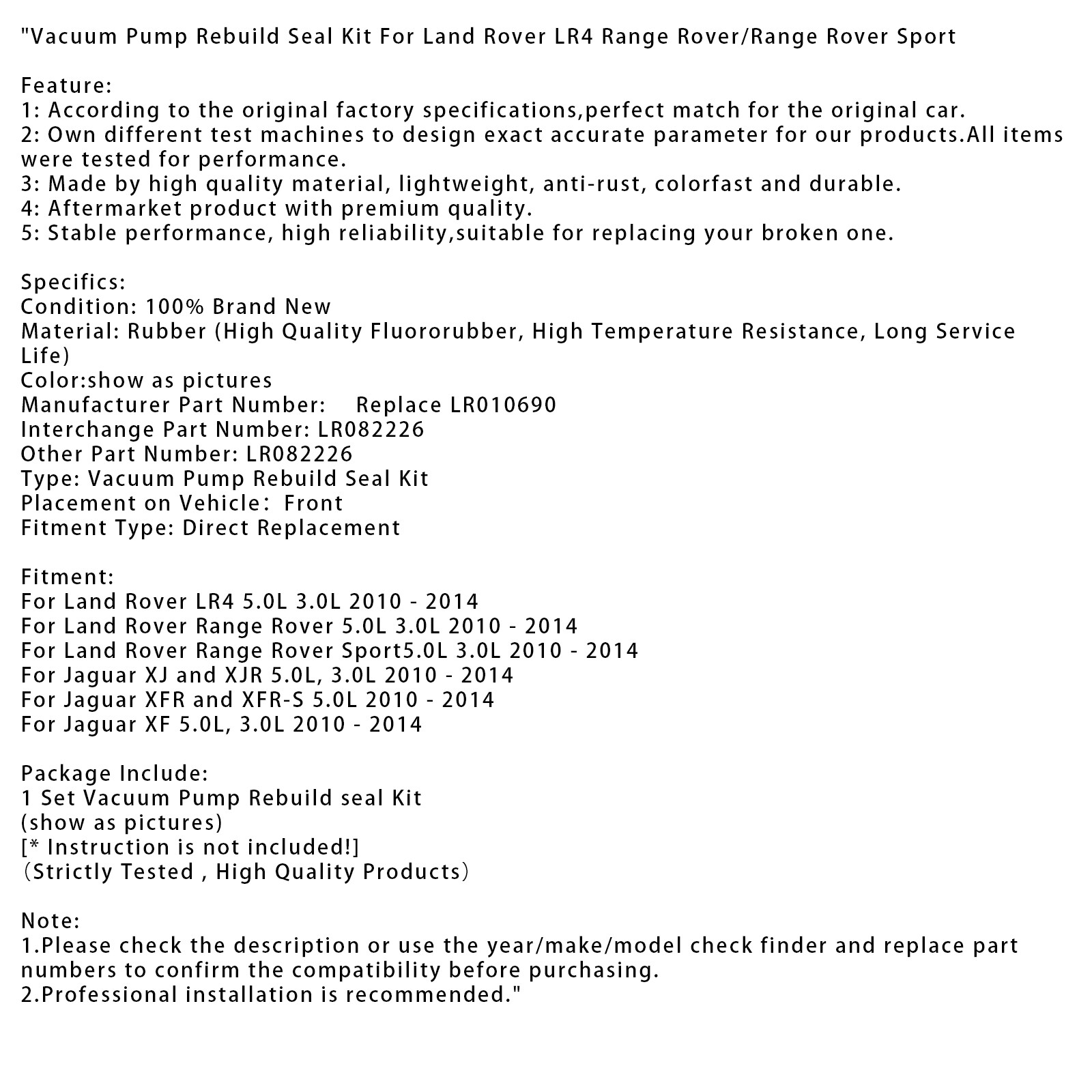 Vacuum Pump Rebuild Seal Kit For Land Rover LR4 Range Rover/Range Rover Sport