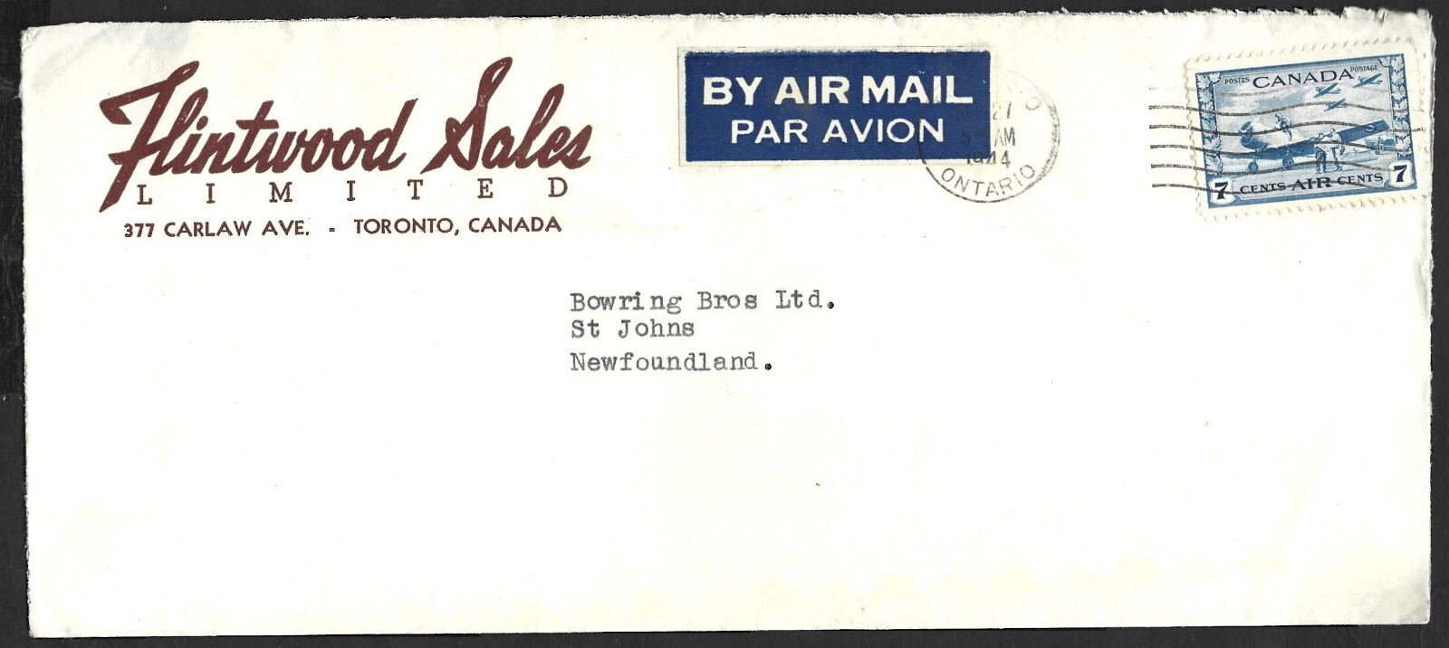 1944 Flintwood Sales,Toronto Airmail Cover To Newfoundland