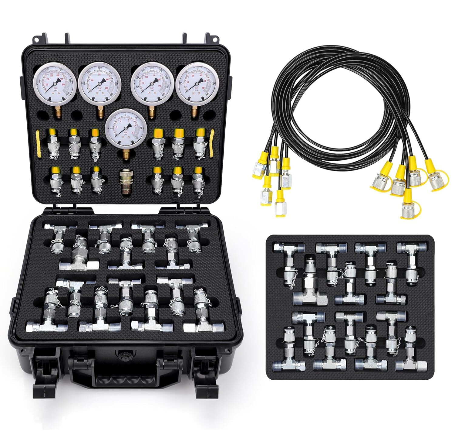Hydraulic Pressure Test Kit 5 Gauges 13 Couplings 14 Tee Connectors 5 Test Hoses