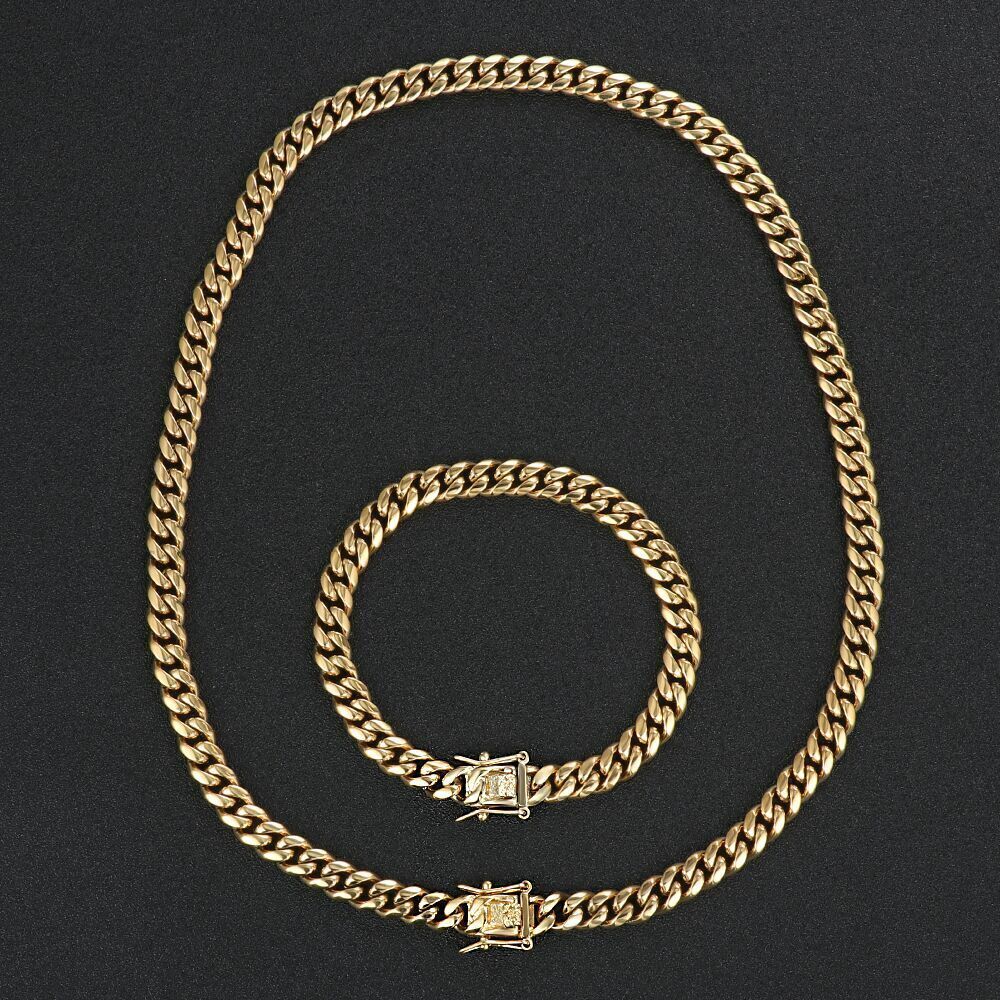Men's Miami Cuban Link Bracelet&Chain Combo Set 14K Gold Plated Stainless Steel