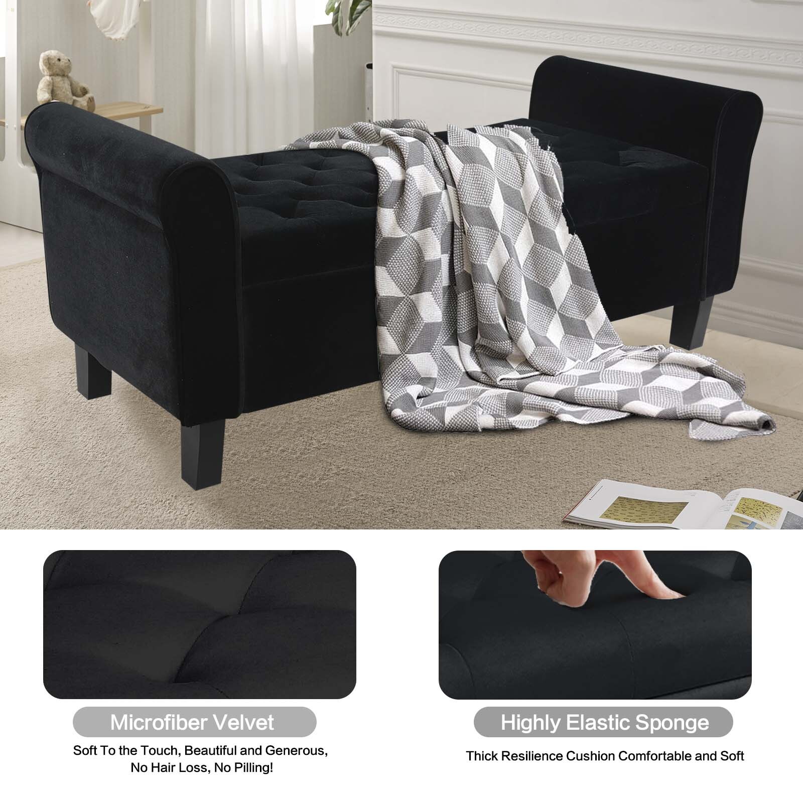 51" Velvet Storage Bench with Ottoman End of Bed Upholstered Couch Black