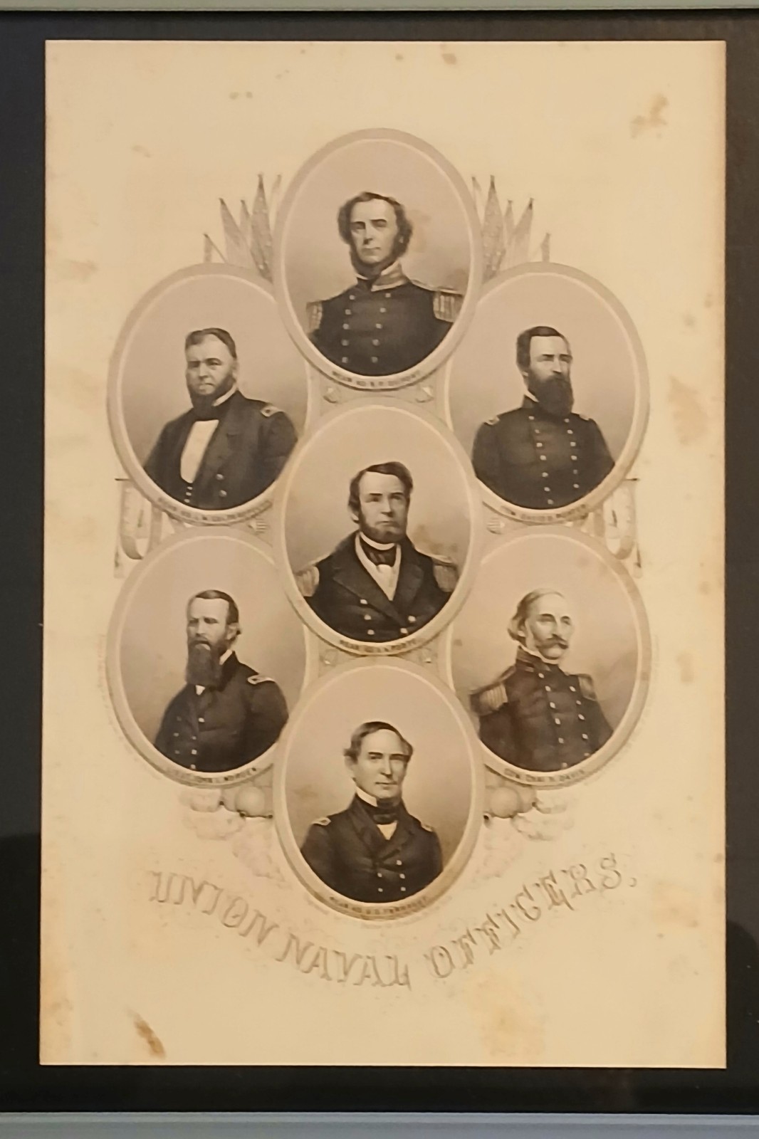 Framed 1862 Civil War Engraved Print Feat. Union Naval Commanders By J.C. Buttre