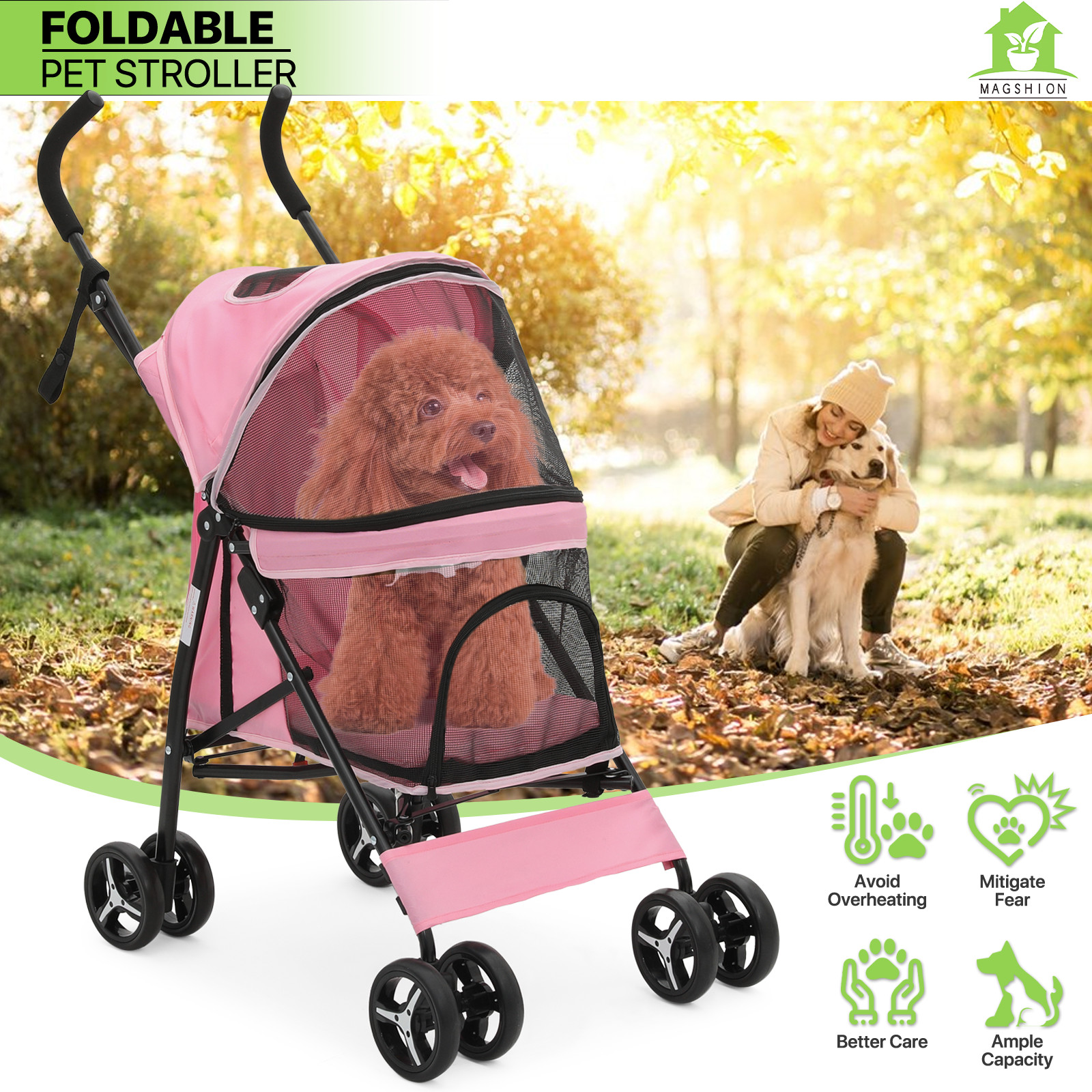 Foldable Pink Dog Stroller Adjustable Canopy Breathable Pet Travel Carrier Cart