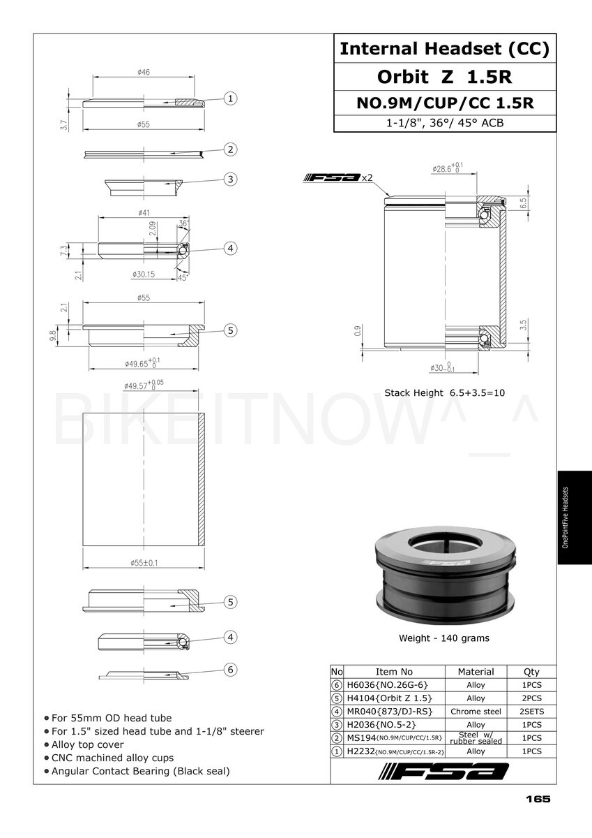 Fsa Orbit Z 1.5R Reducer Headset 55mm OD,1.5~1-1/8" Fork Black 10mm Stack Height