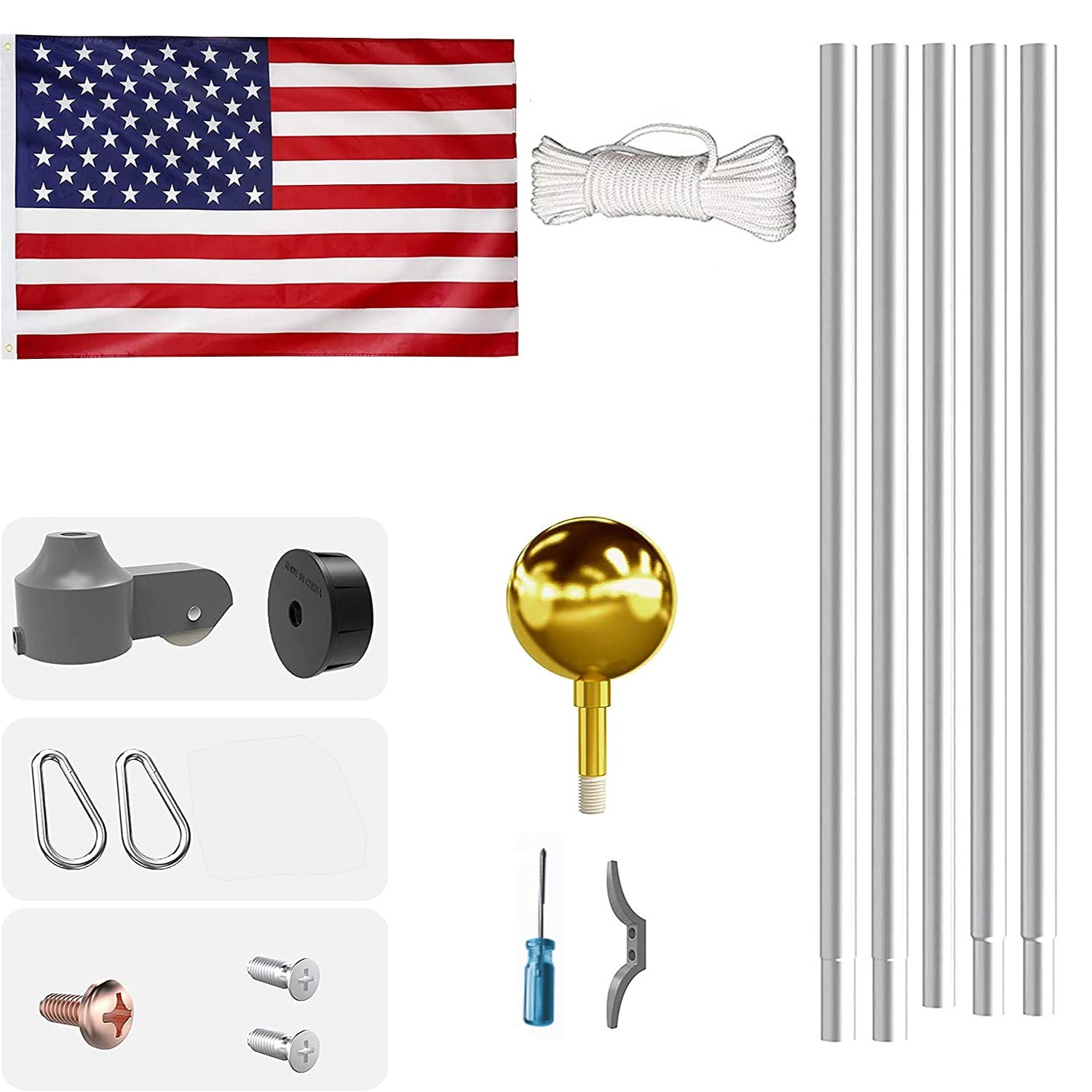 20 FT Sectional Flag Pole Kit Extra Thick Aluminum Flagpole with 1 Flag 2 Rope