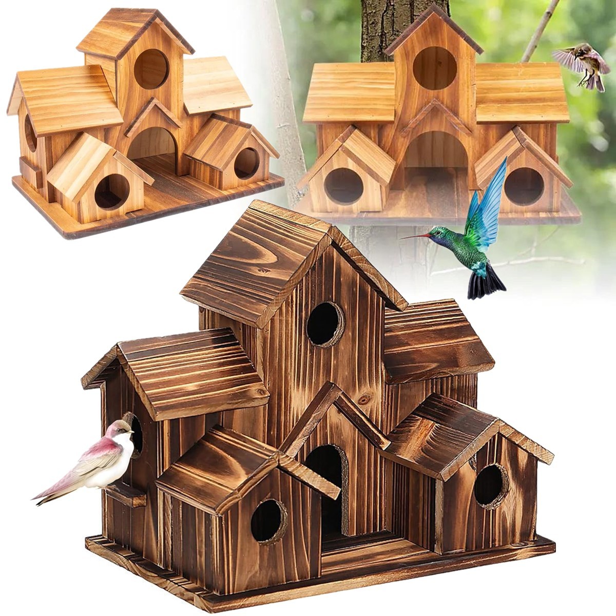 Wood Bird Houses Outdoor 6 Hole Bird House Room Cardinals Hanging Birdhouse US