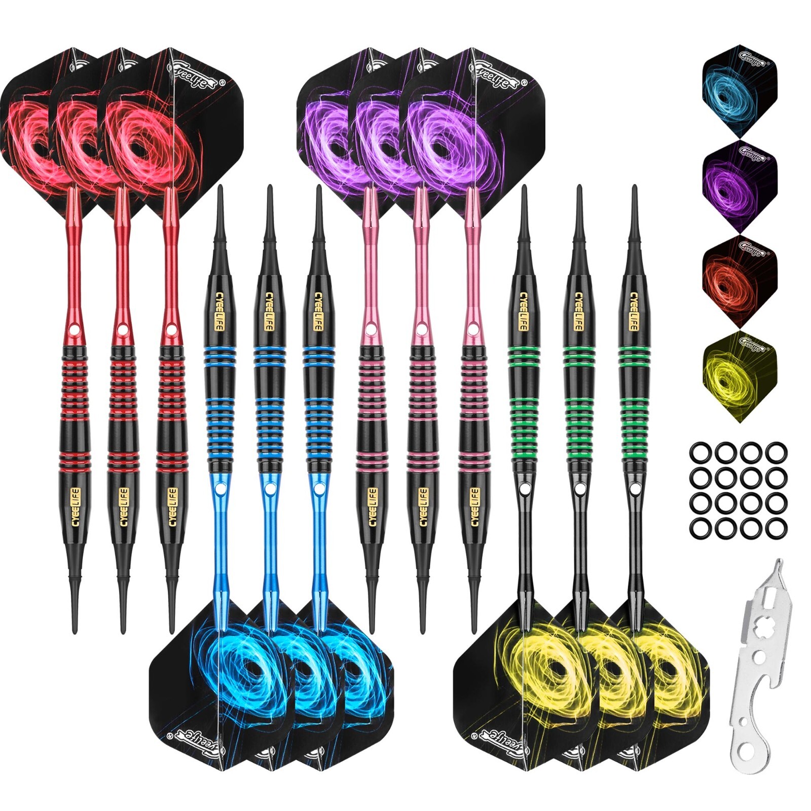 CyeeLife 12pcs 18g Soft Tip Darts Set +12 Alu Shafts+12 Flights+100 Tips+Tool