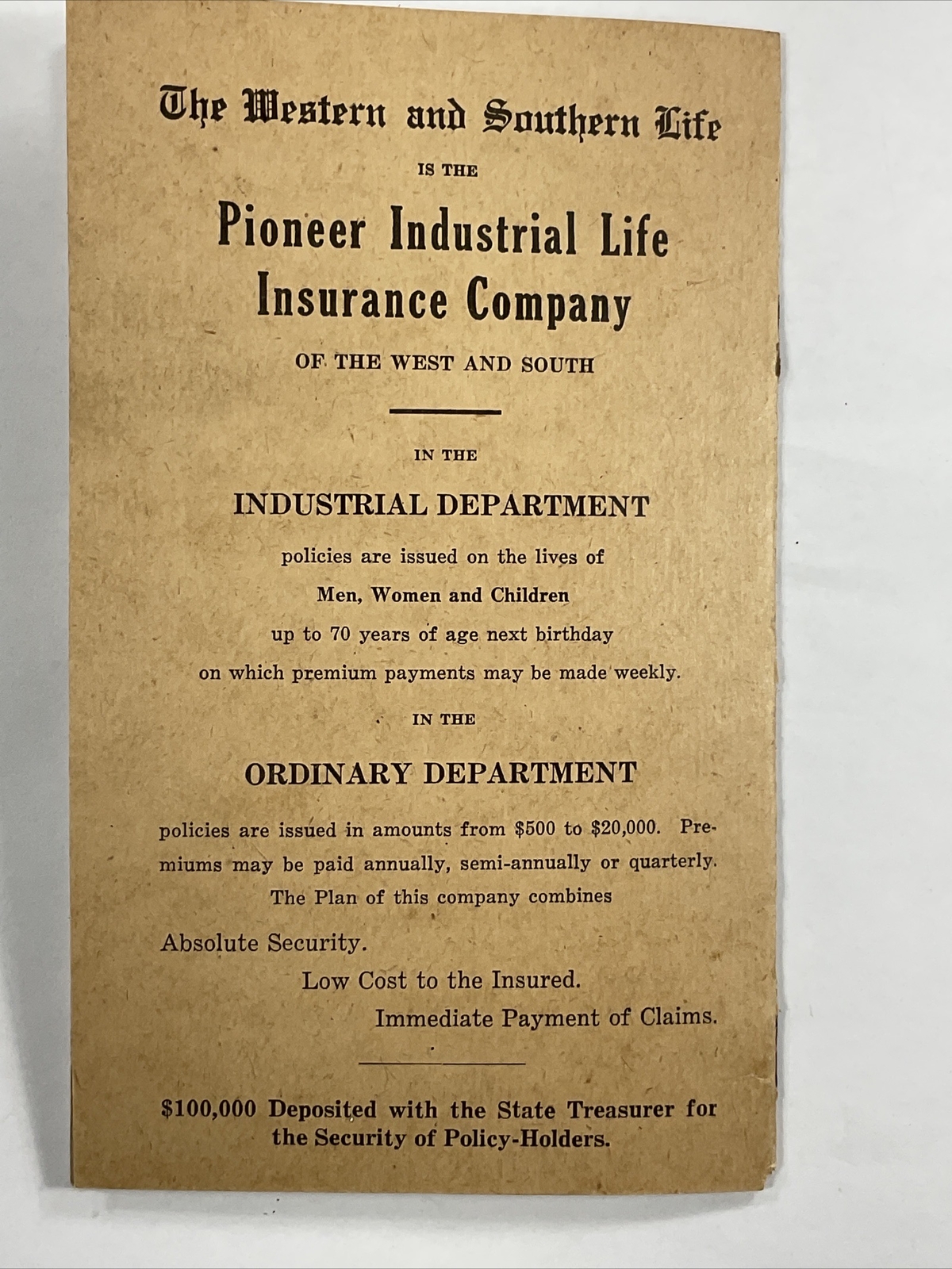 1921 Chillicothe, Ohio Frak Rays Western & Southern Insurance Receipt Book