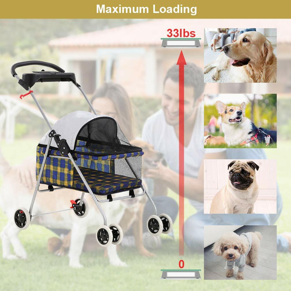 4 Wheels Pet Stroller Folding Cat Dog Cage Stroller Travel Carrier W/Cup Holder