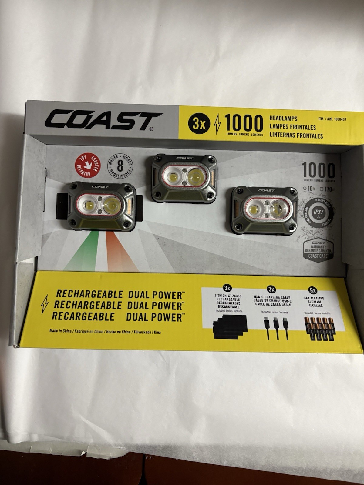 COAST 1000-Lumen HEADLAMP 3 Pack RECHARGEABLE DUAL POWER