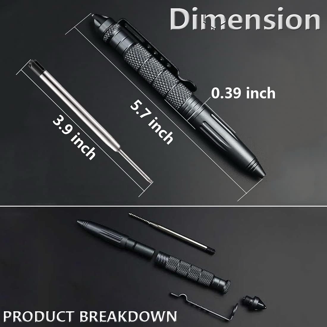 1 Tactical Pen Aluminum Self Defense with Glass Breaker Pen Writing Black EDC