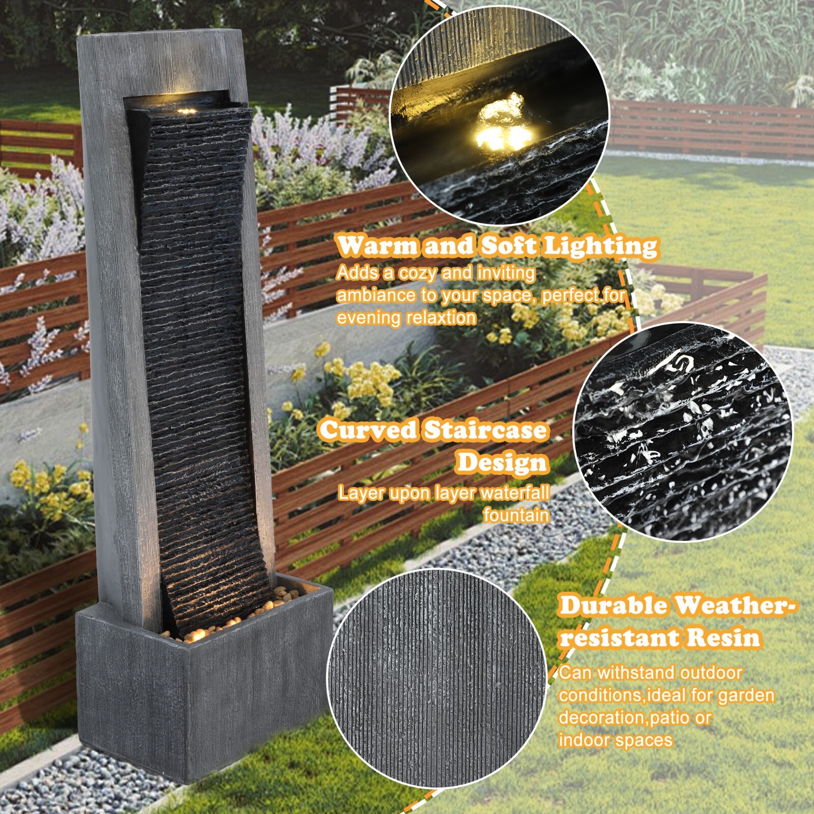 Indoor Modern Water Fountain with LED Lights for Garden Decor