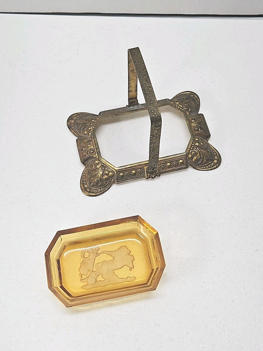 Antique Czech Amber Glass Salt Cellar Intaglio Design Ornate Brass Holder RARE