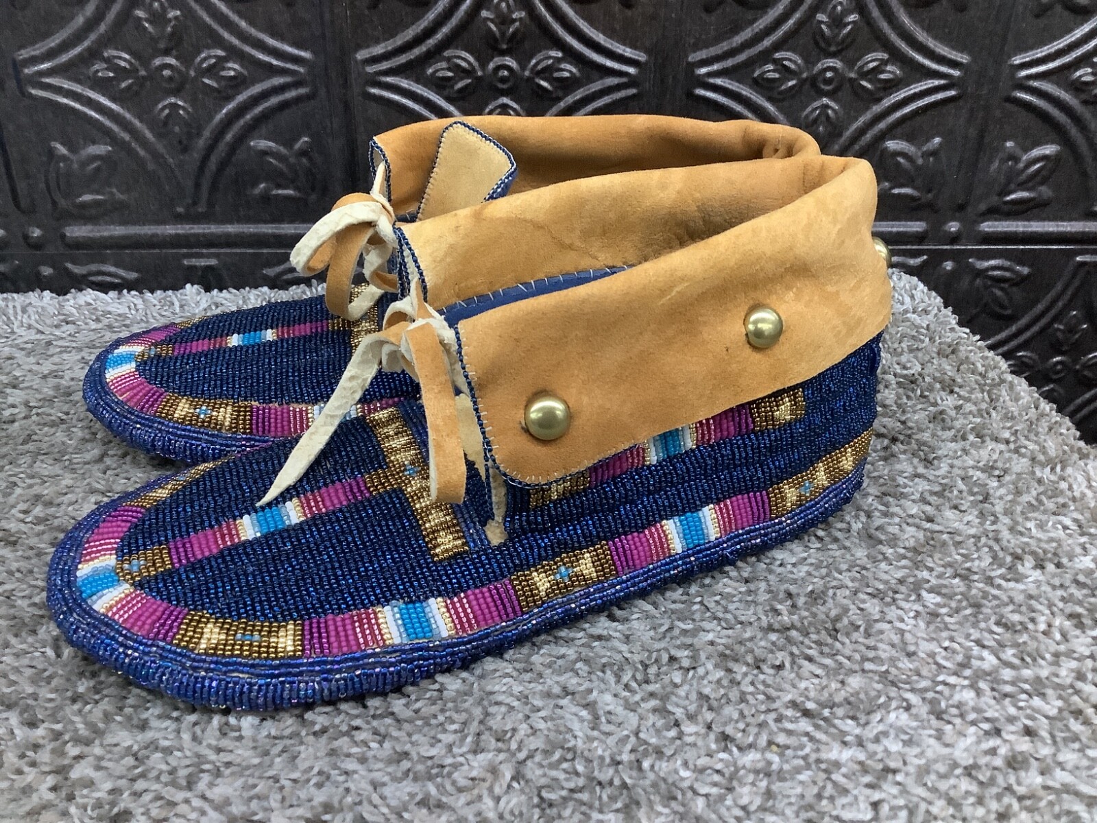 Native American Ute Tribe Fully Beaded Smoked Buckskin Ceremonial Moccasins