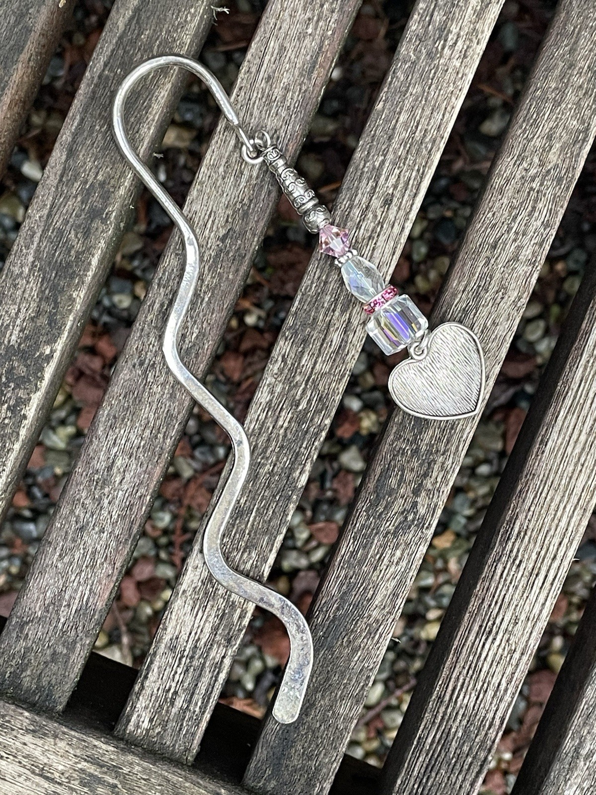 Heart Beaded Bookmark Handmade Crystals Pink Silver Tone Artisan Free Shipping