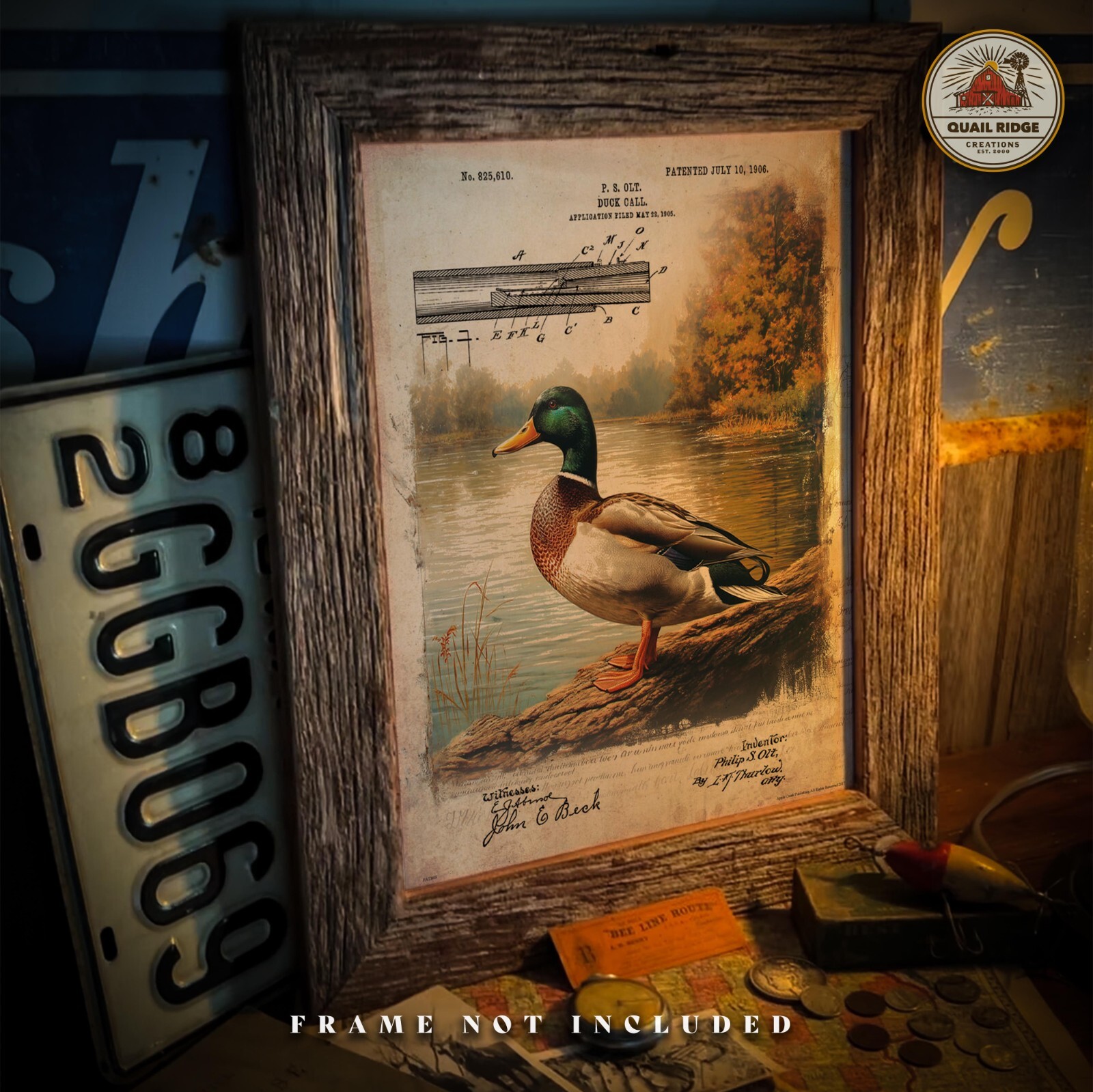 Vintage Duck Hunting Call Patent Art Print Mallard Duck Decoy Cabin Wall Decor