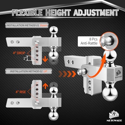 Adjustable Trailer Hitch - Aluminum Tow Hitch Fits 2-Inch 4-inch Drop silver