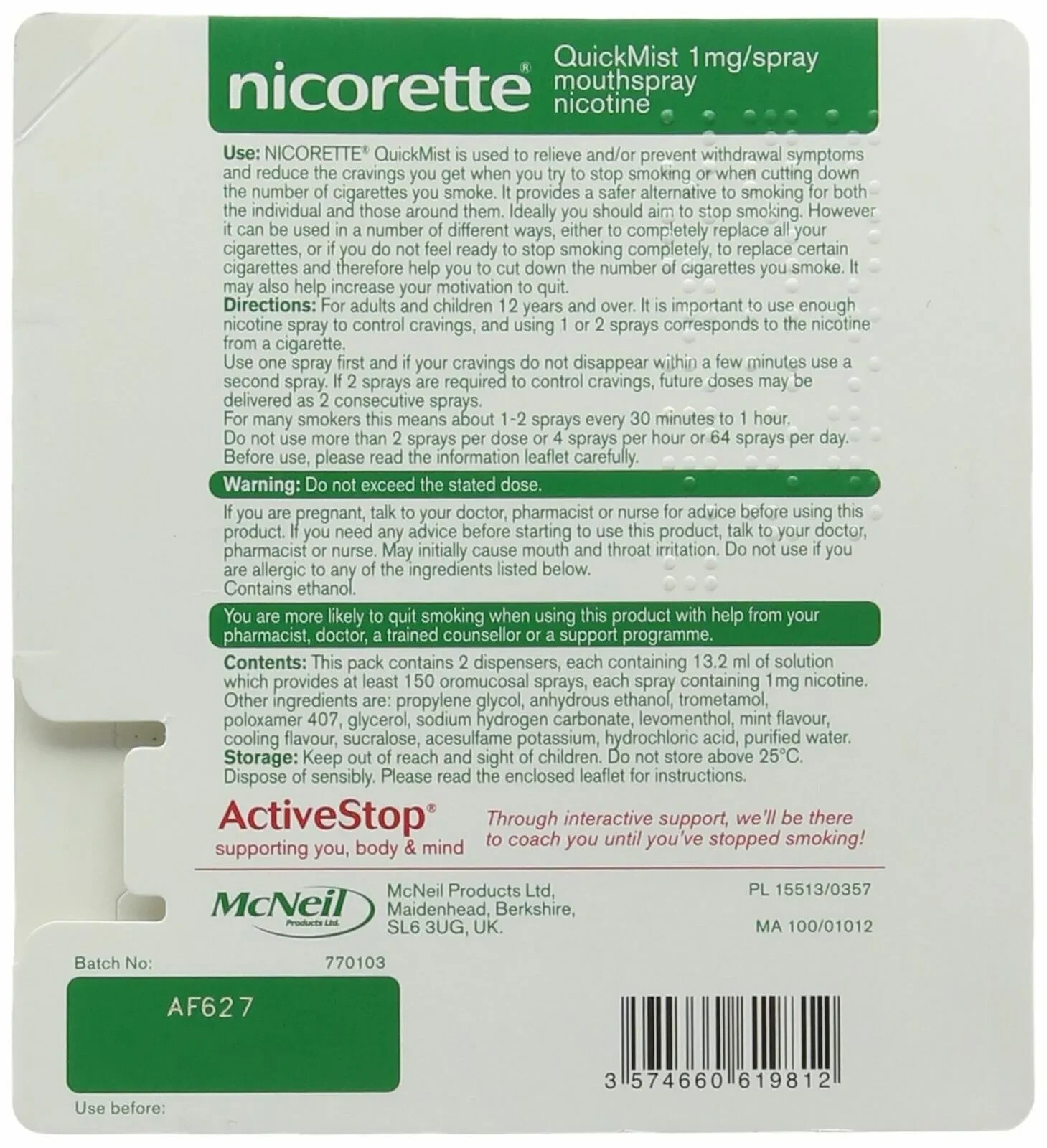 3X Quickmist DUO NICORETTE 2 x 150ml -FREE SHIP TO USA