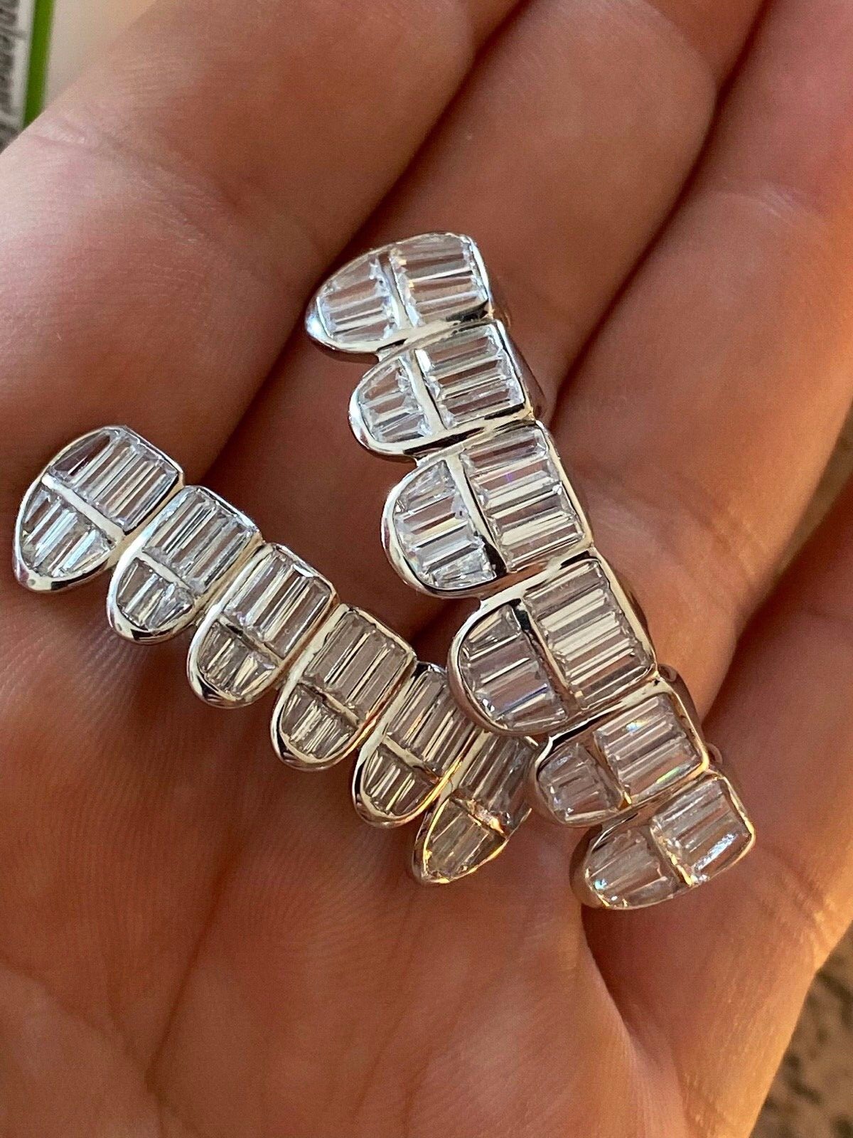 Real 925 Sterling Silver ICED Baguette Rapper GRILLZ Teeth Top & Bottom Set ICY