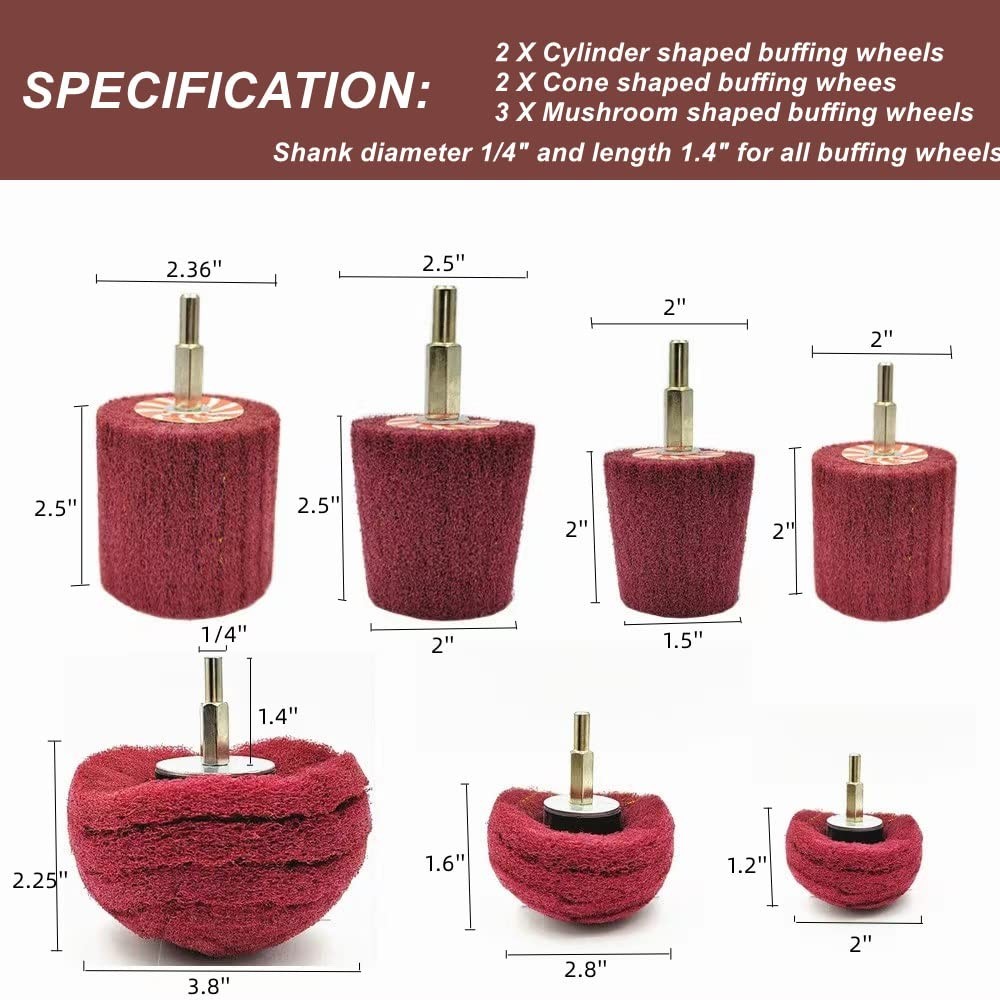 7-Pcs Mixed Set Non Woven Abrasive Buffing Wheels,1/4"Shank Drill for Polishing