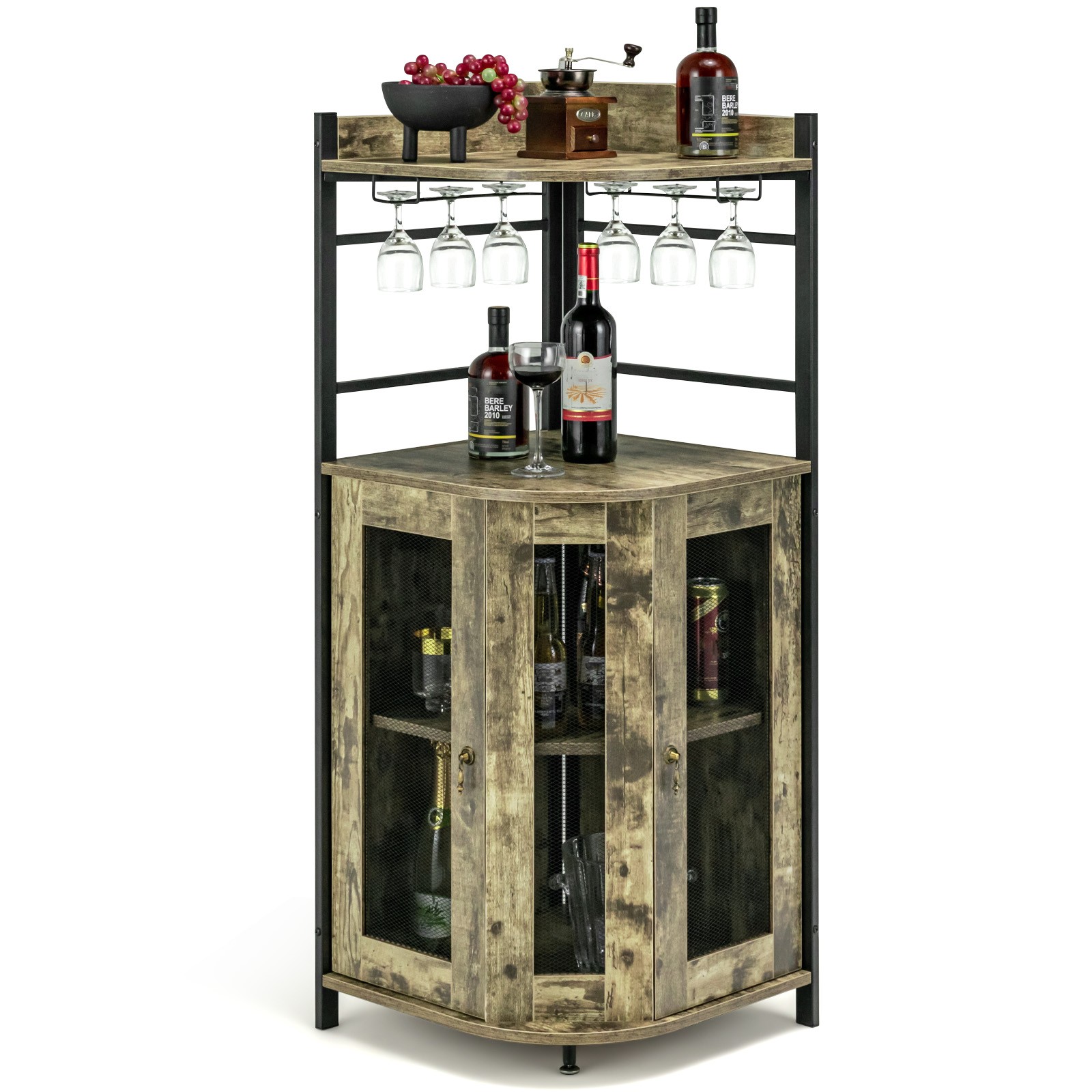 Corner Bar Cabinet Industrial Liquor Wine Cabinet w/ Mesh Doors & Glass Holder
