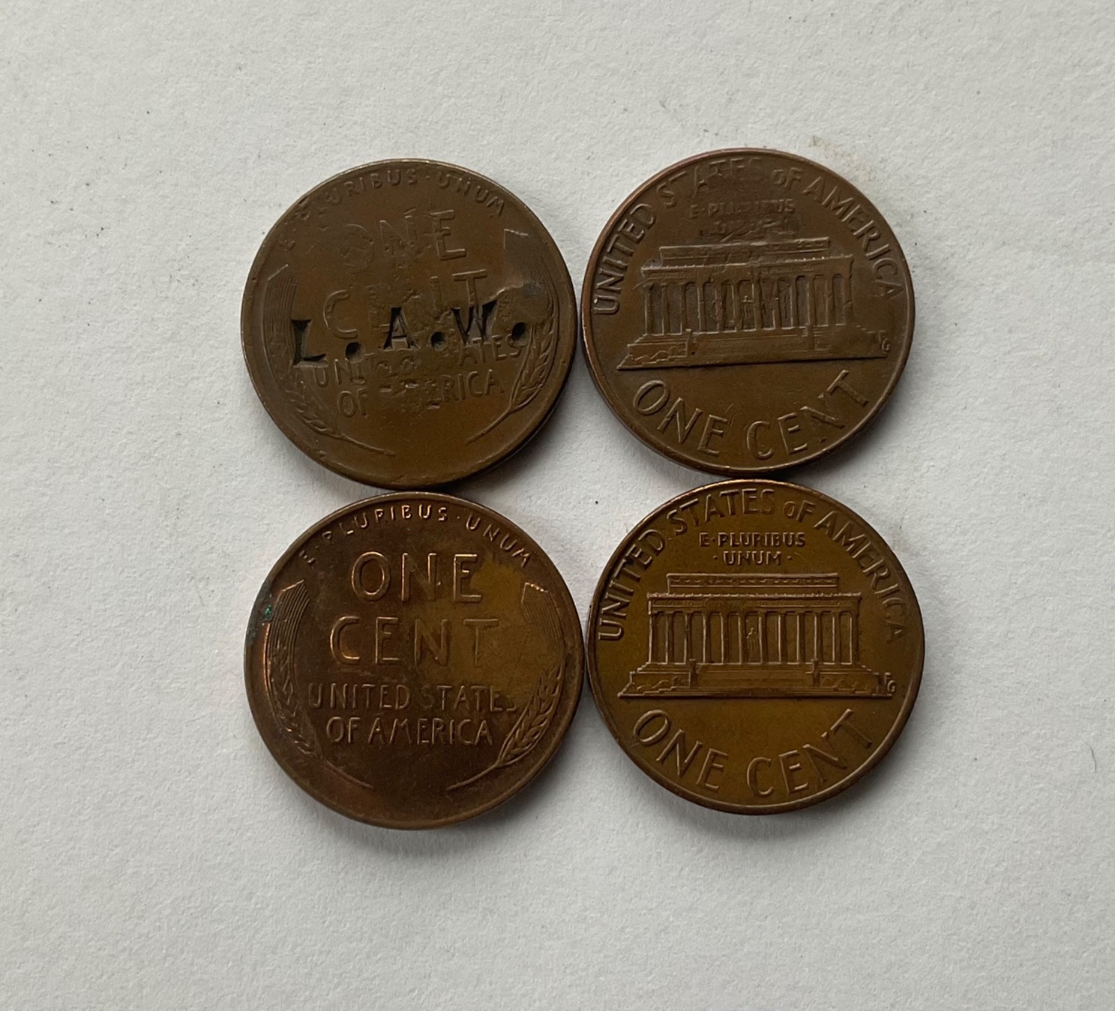 (4) LINCOLN WHEAT & MEMORIAL CENT OBVERSE STAMPED=KENNEDY-MASON-I LOVE YOU