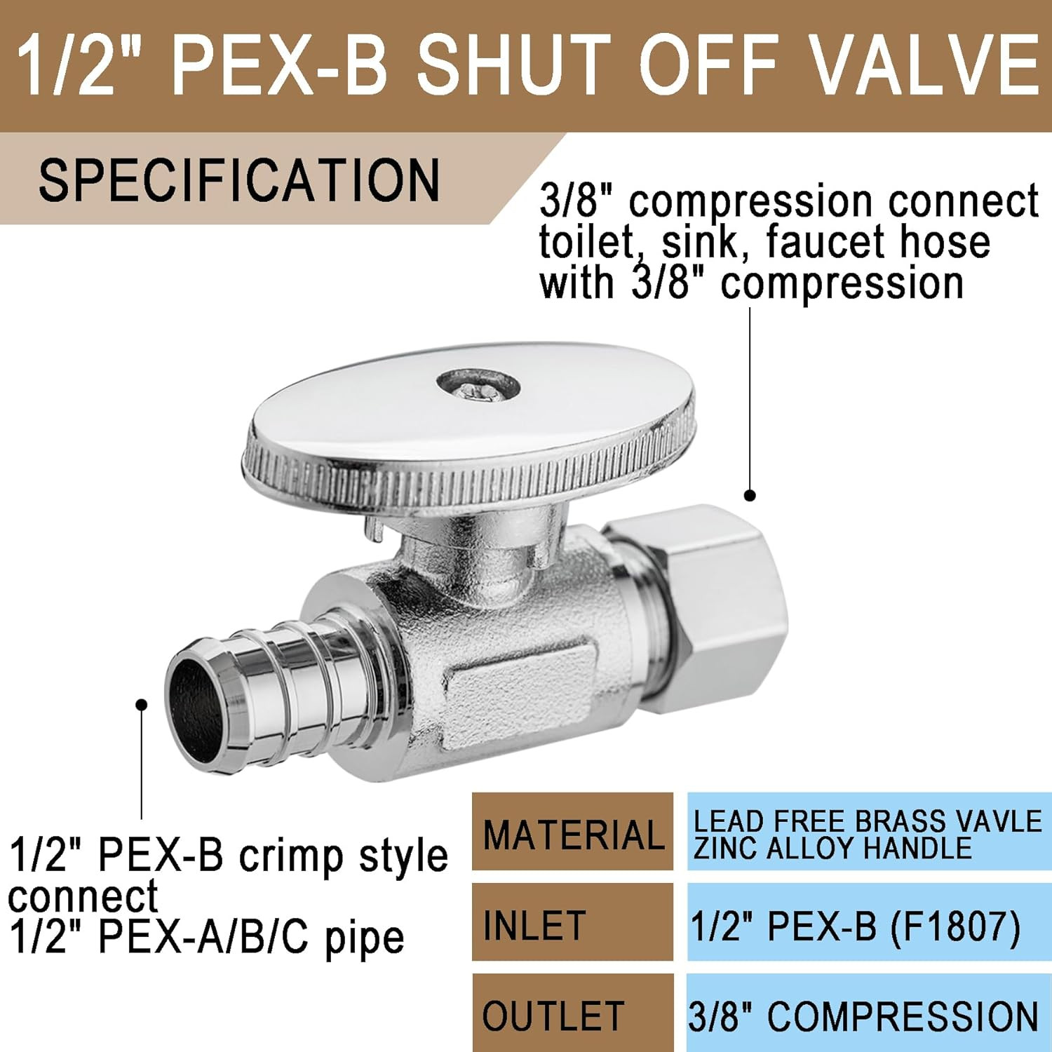 [10 Pieces] Straight Angle Valve Shut off Valve 1/2" PEX-B Crimp X 3/8" Compres