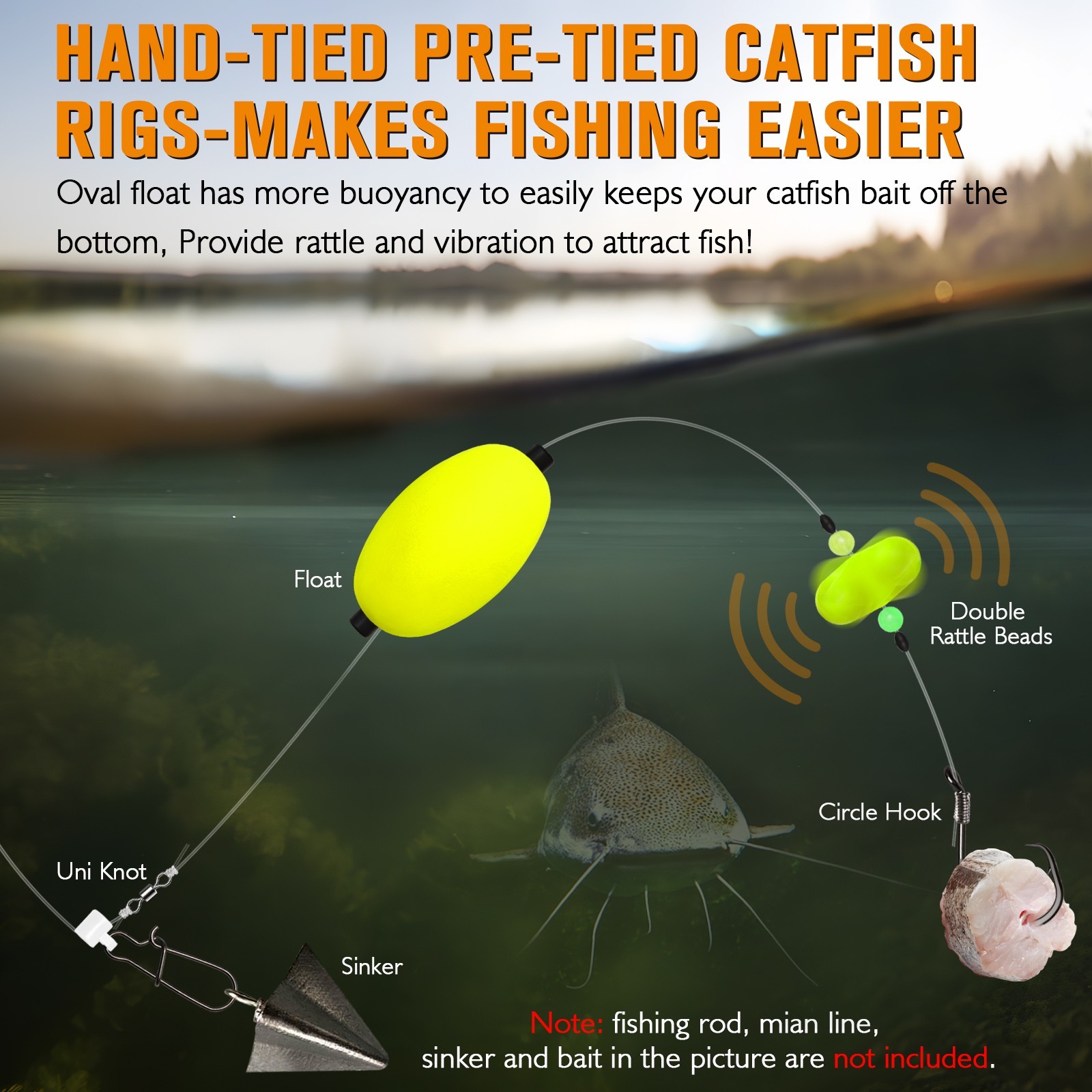 Dovesun 6PCS Catfish Rigs with Oval Float, 8/0 Circle Hooks, Double Rattle Beads