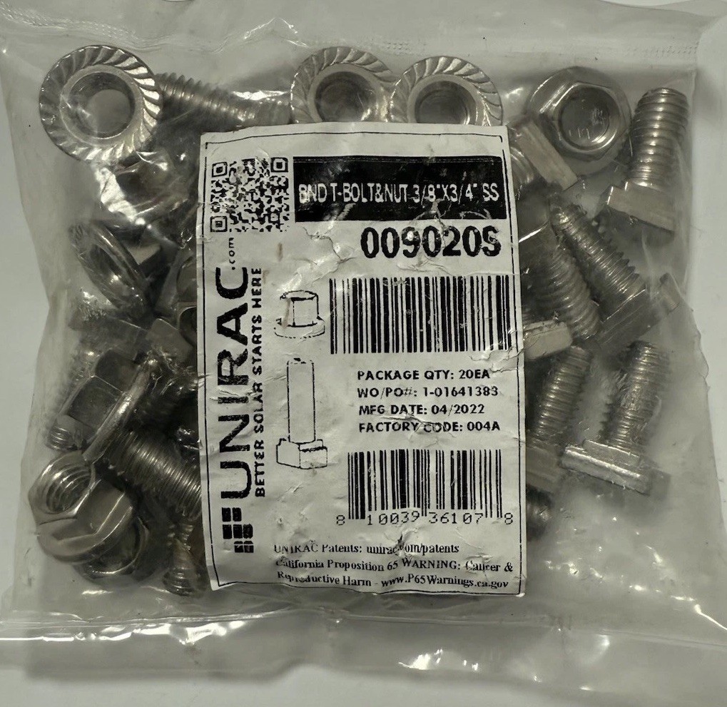 Unirac 009020S SolarMount Bonding T-Bolt & Nut, 3/8" x 3/4", SS. 1 Ea. 20 Pack