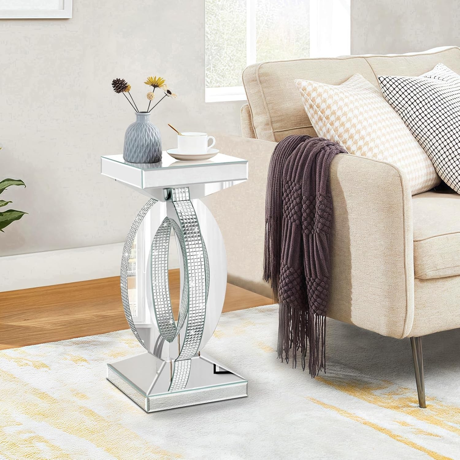 12"x12"x24"Silver Mirrored End Table with Crystal Inlay,Modern Side Accent Table