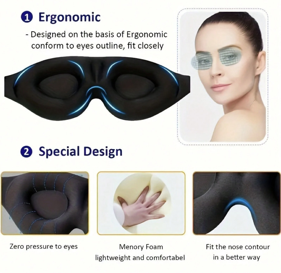 1 pc 3D Light-Blocking Travel Eye Mask – No-Nose Wing, Ultra-Comfort - NEW